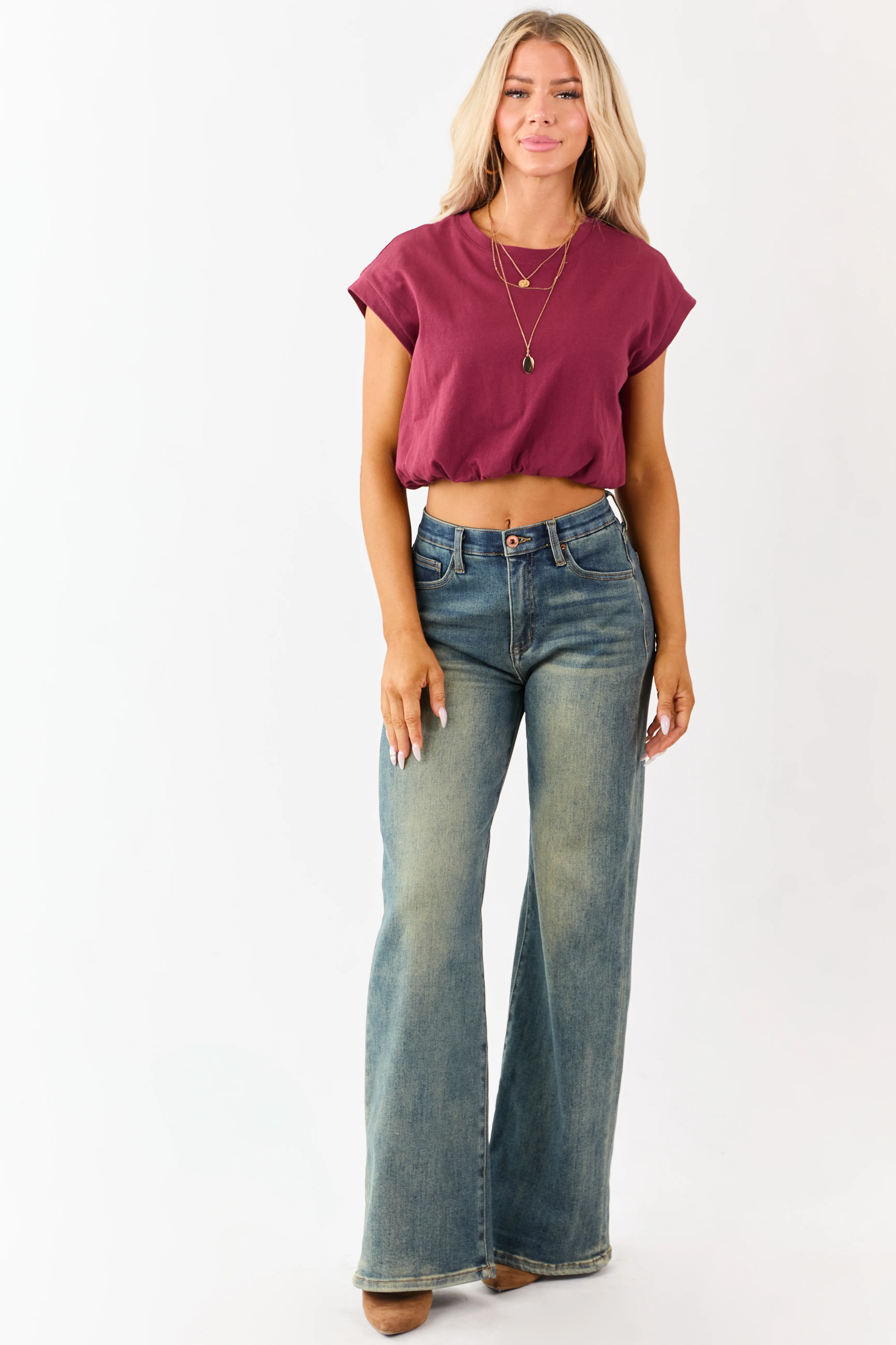 Maroon Cotton Bubble Hem Short Sleeve Cropped Top - Image 2