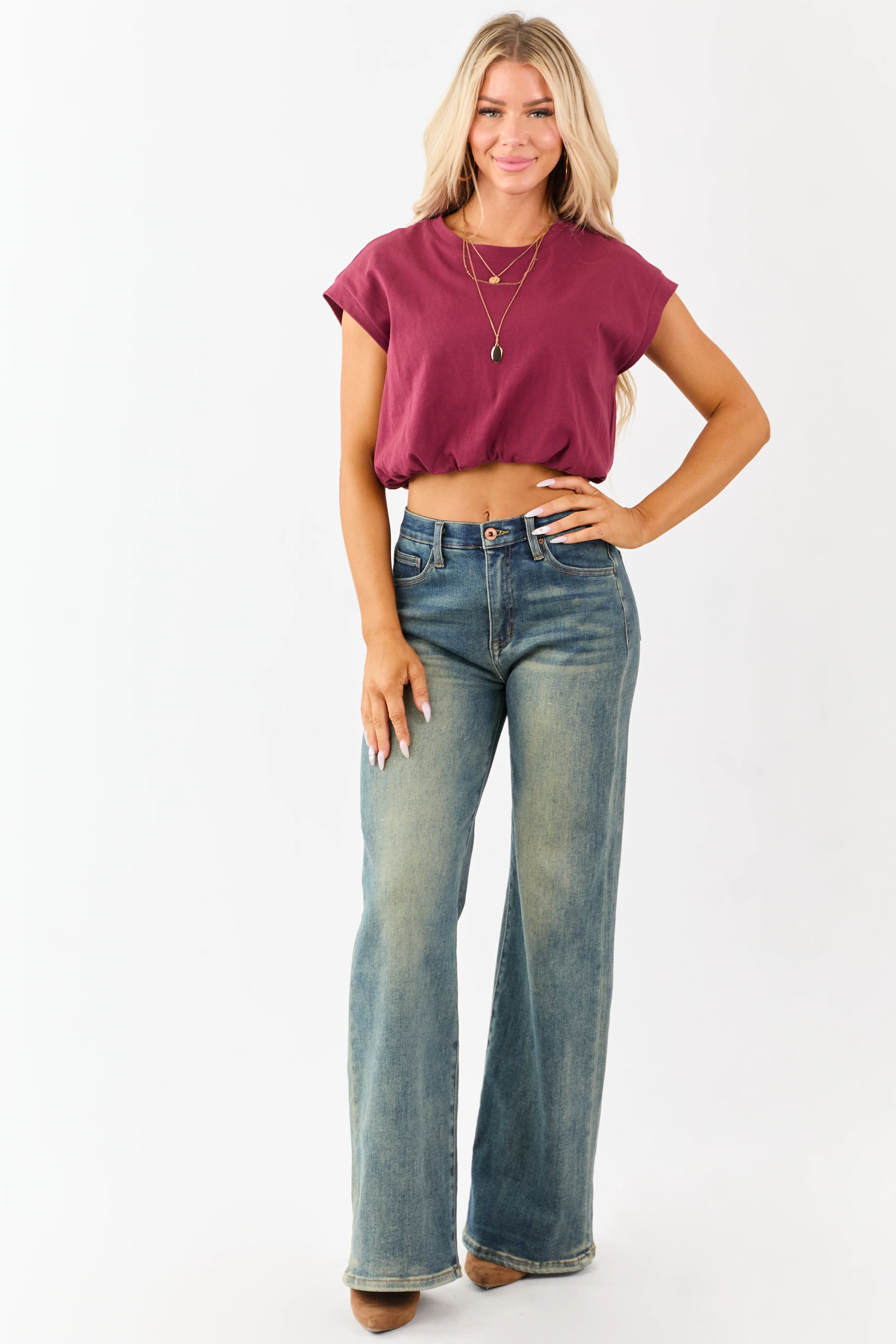 Maroon Cotton Bubble Hem Short Sleeve Cropped Top - Image 3