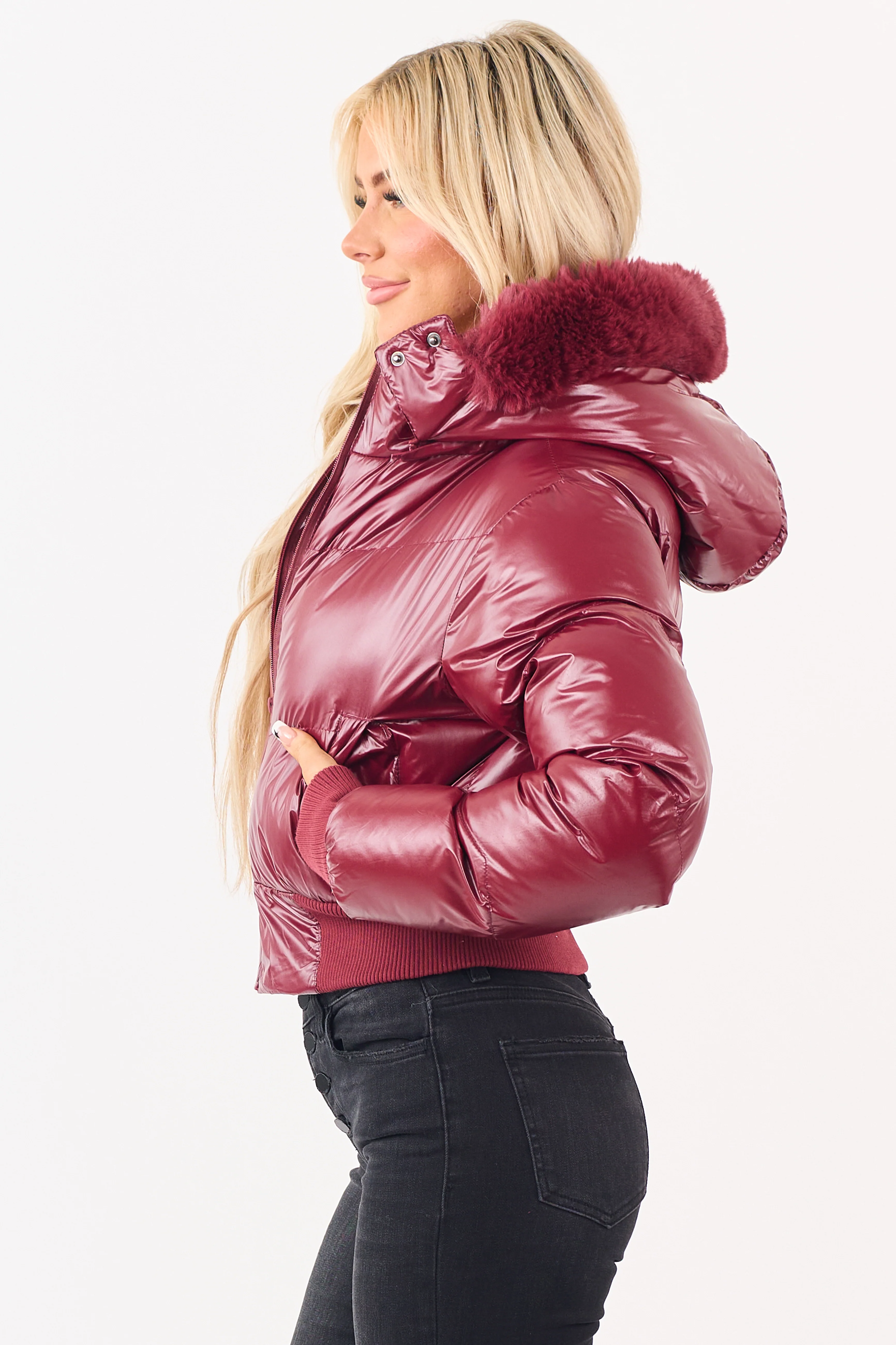 Maroon Faux Fur Lined Hood Zip Up Puffer Jacket - Image 7