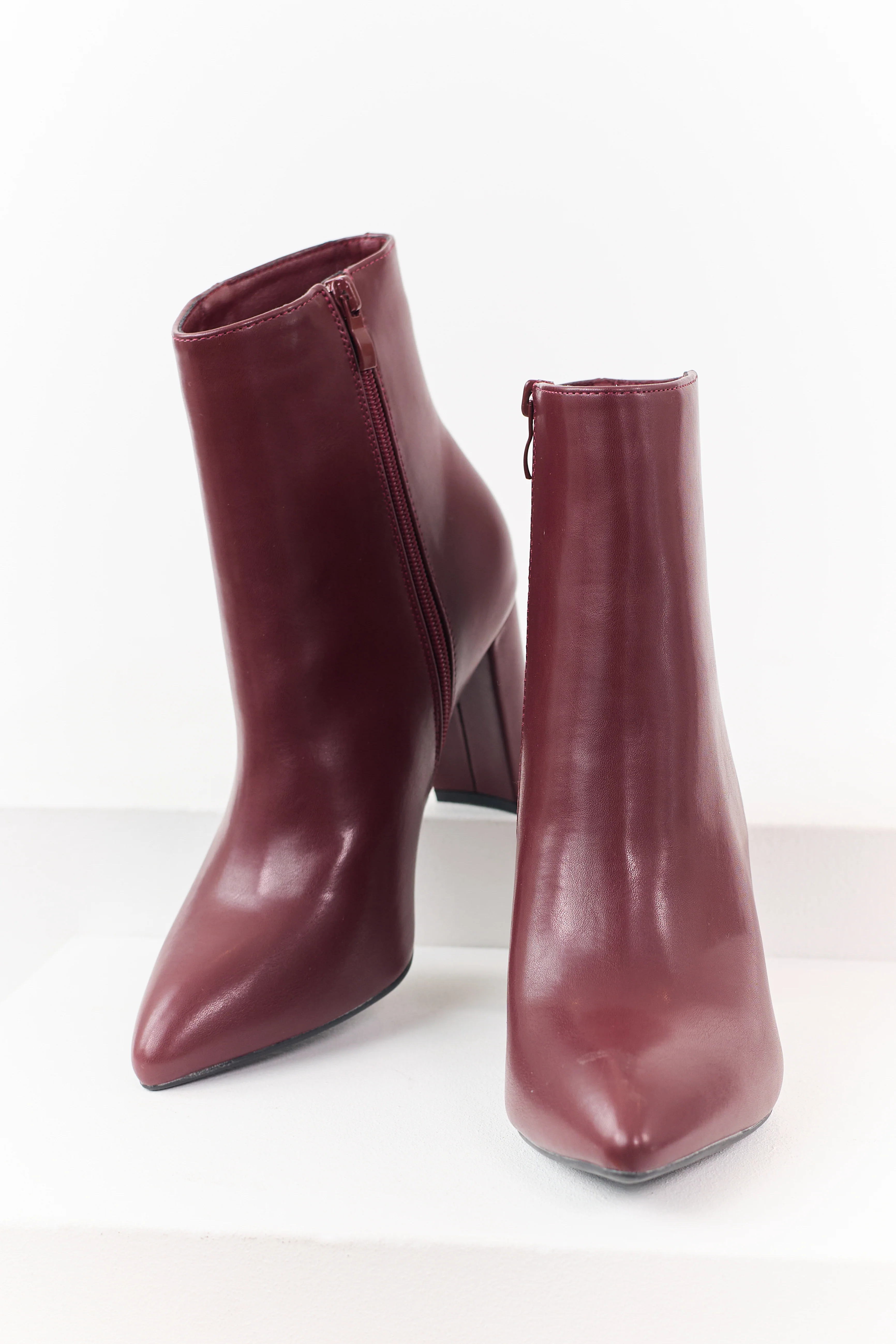 Maroon Faux Leather Pointed Toe Block Heel Booties - Image 2