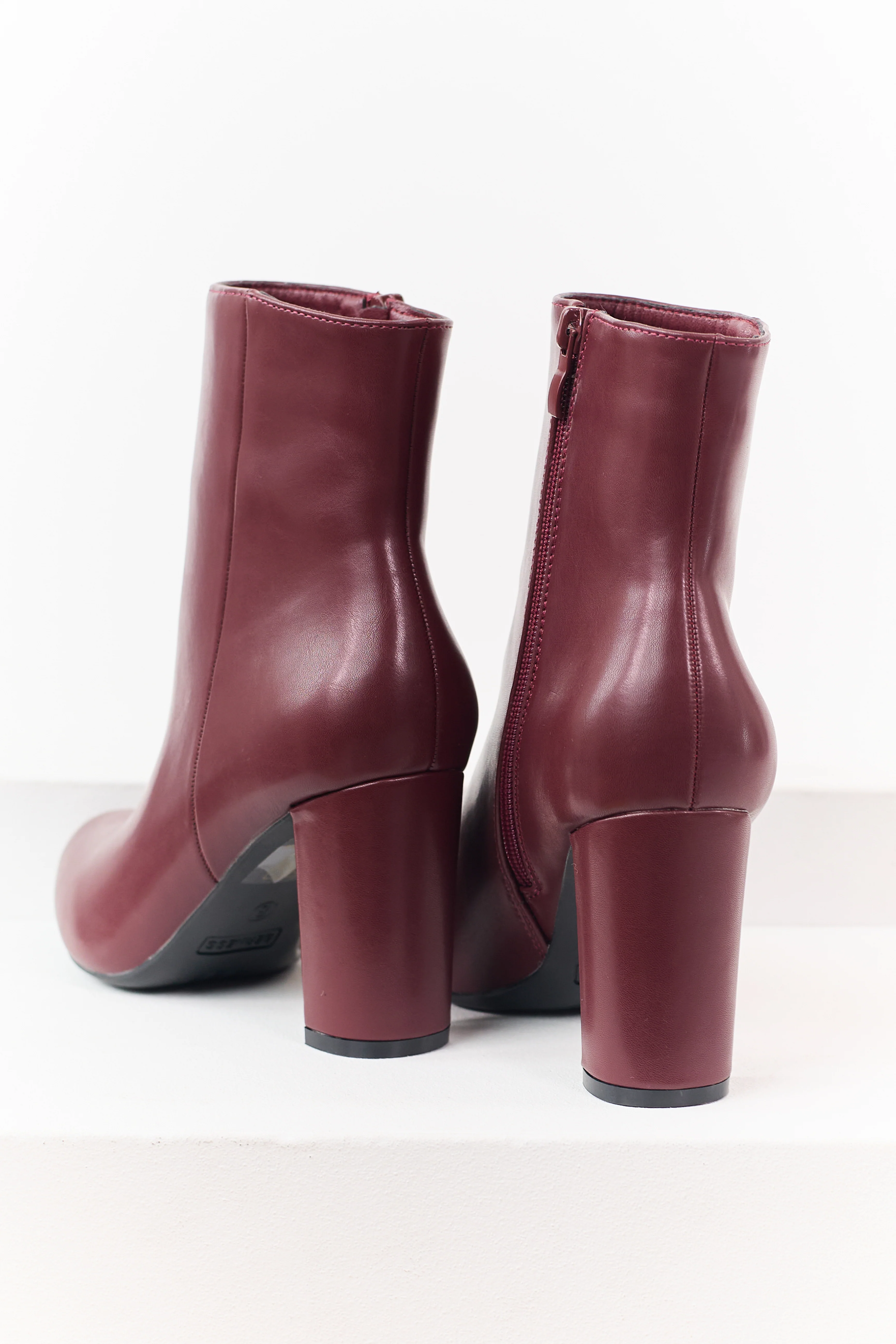 Maroon Faux Leather Pointed Toe Block Heel Booties - Image 3