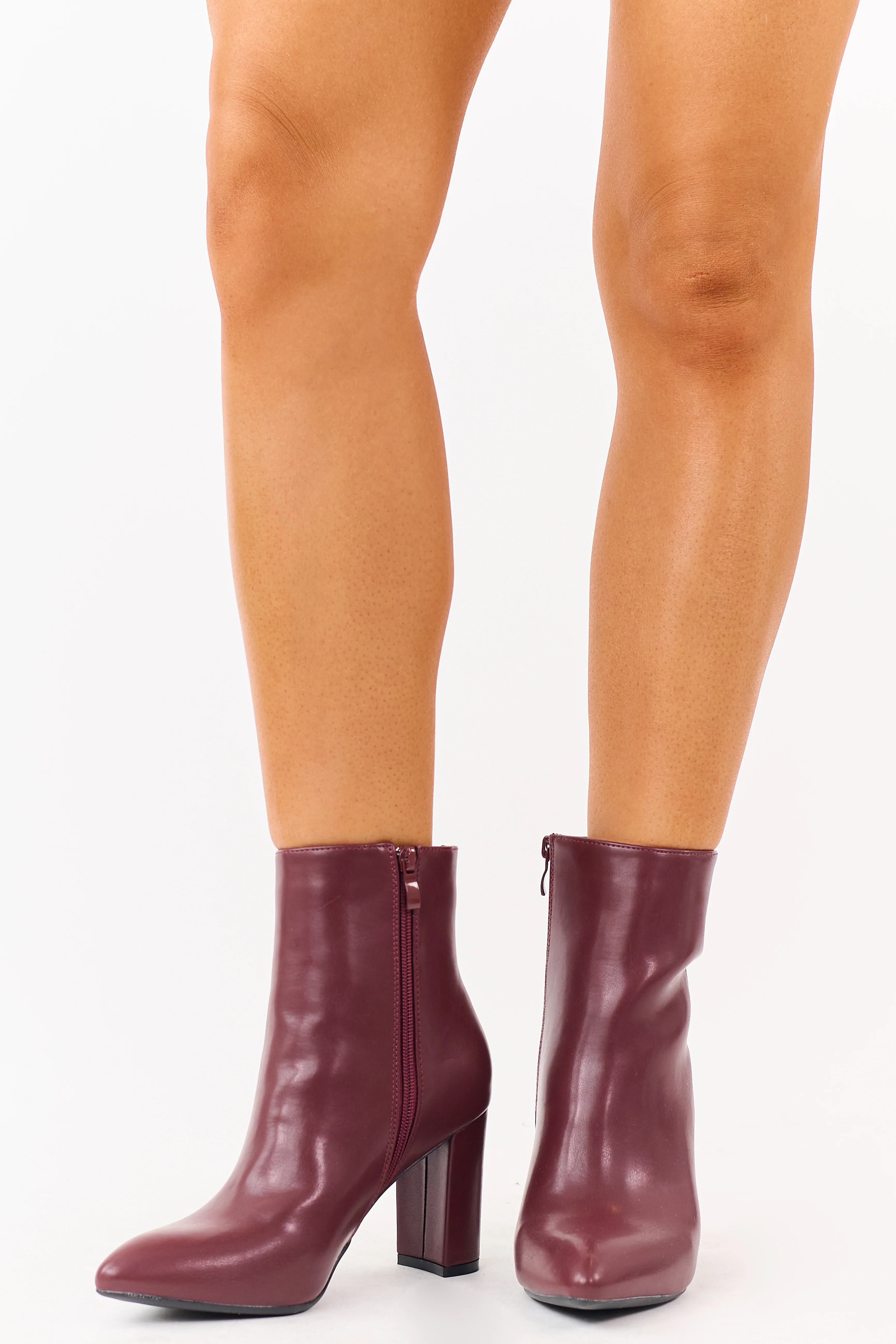 Maroon Faux Leather Pointed Toe Block Heel Booties - Image 4