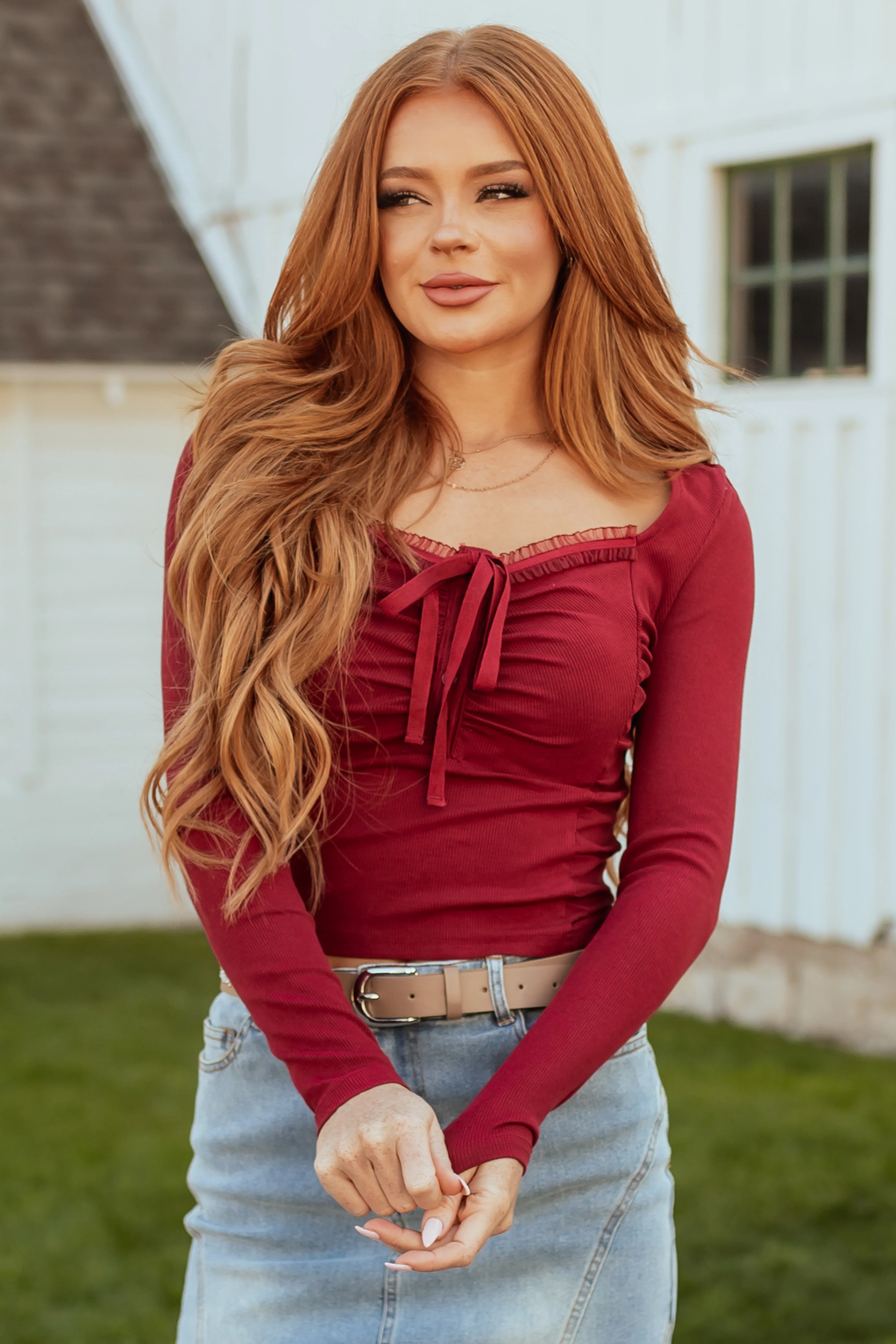 Maroon Front Tie Detail Ruched Long Sleeve Top - Image 2