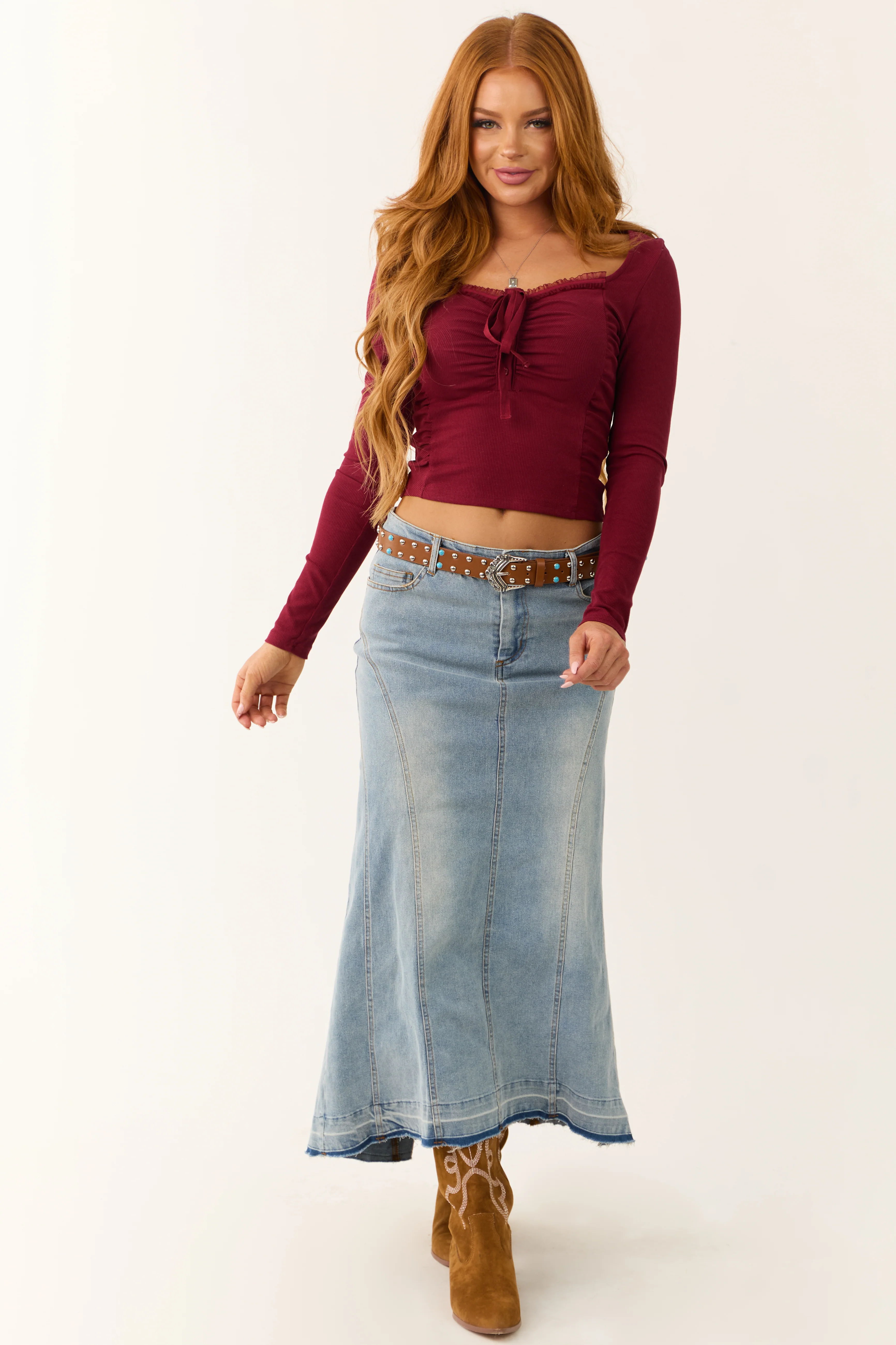 Maroon Front Tie Detail Ruched Long Sleeve Top - Image 3