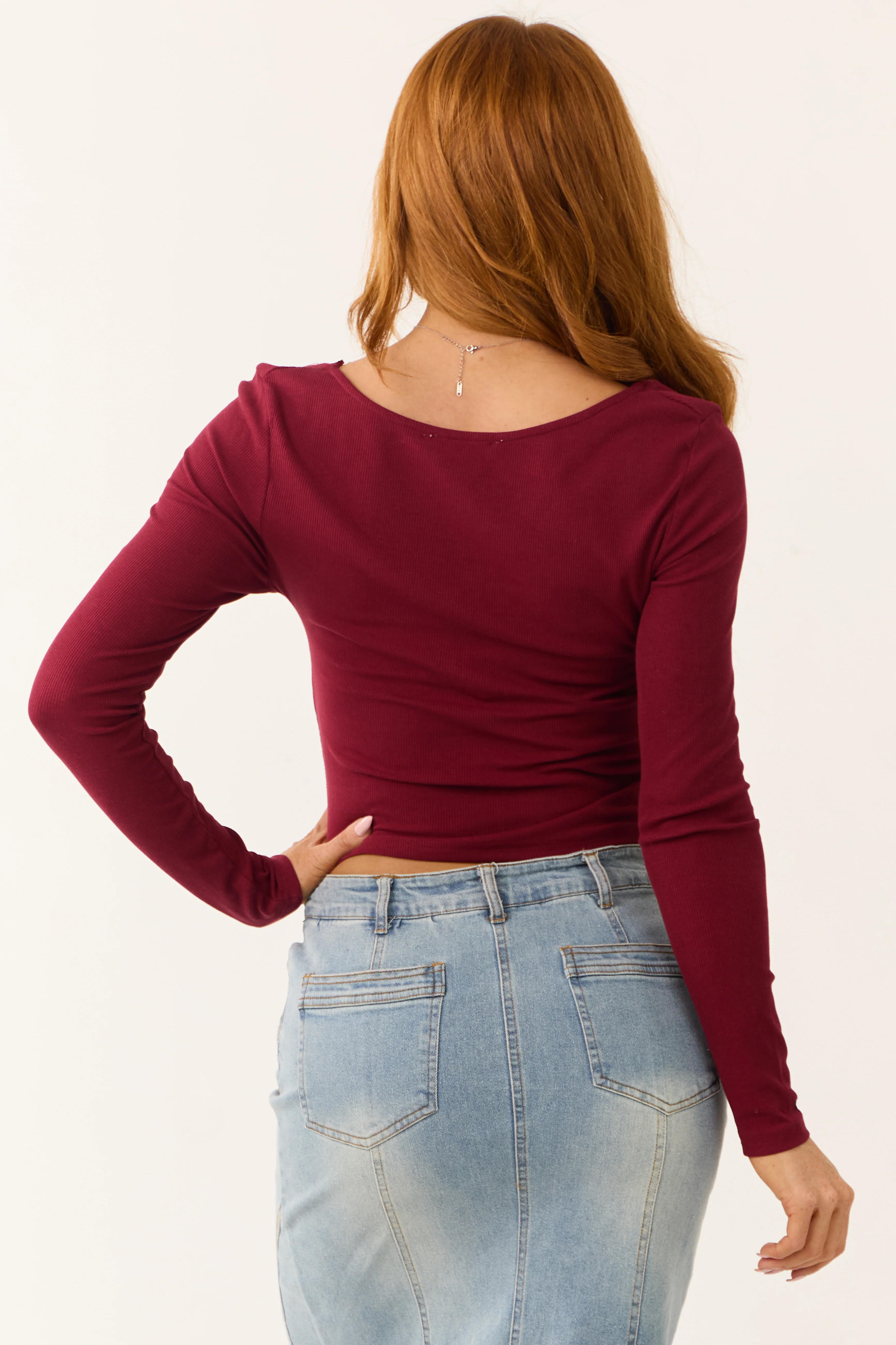 Maroon Front Tie Detail Ruched Long Sleeve Top - Image 6