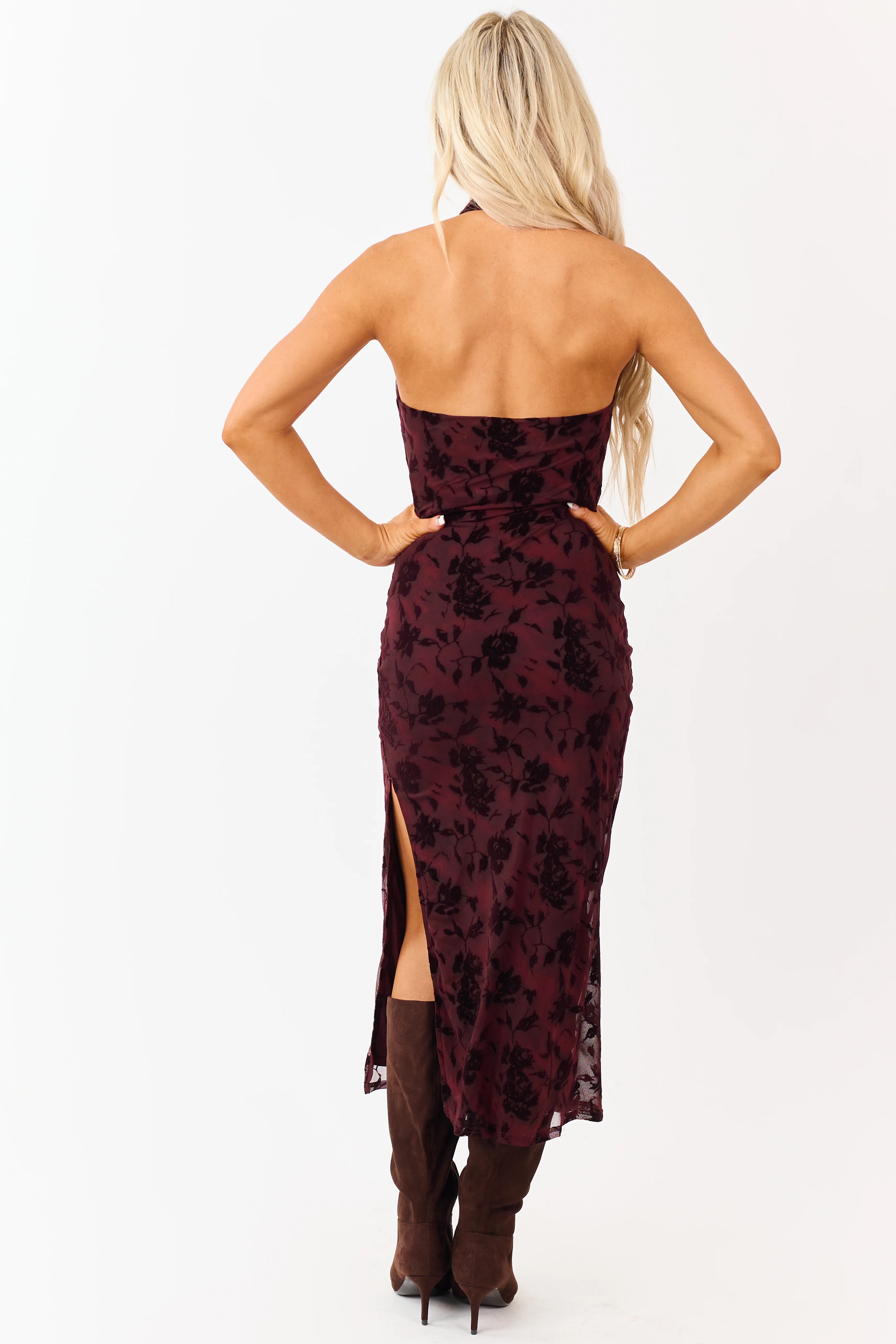 Maroon Velvet Burnout Halter Cowl Neck Midi Dress - Image 7