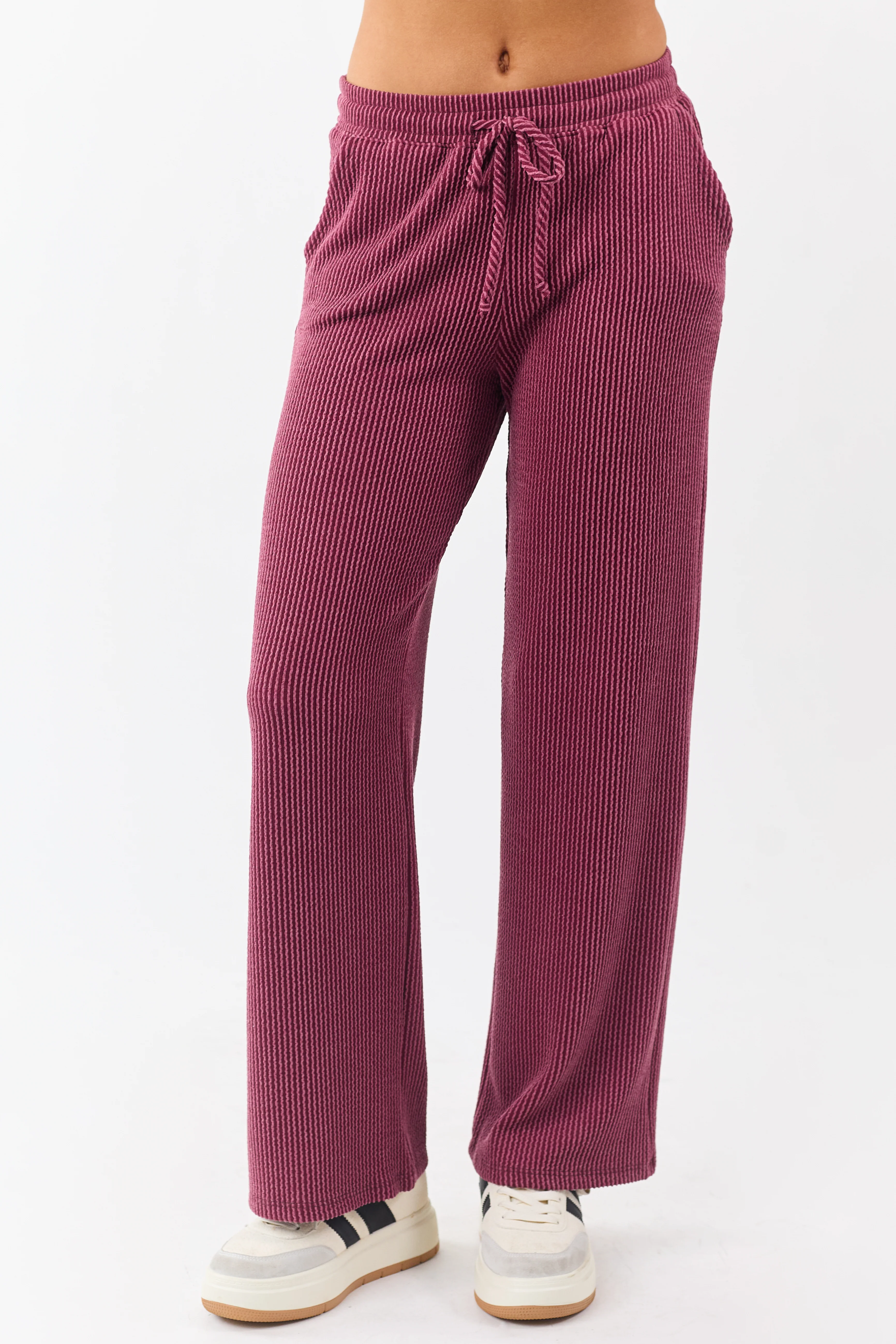 Maroon Wavy Ribbed Elastic Waist Drawstring Pants - Image 2
