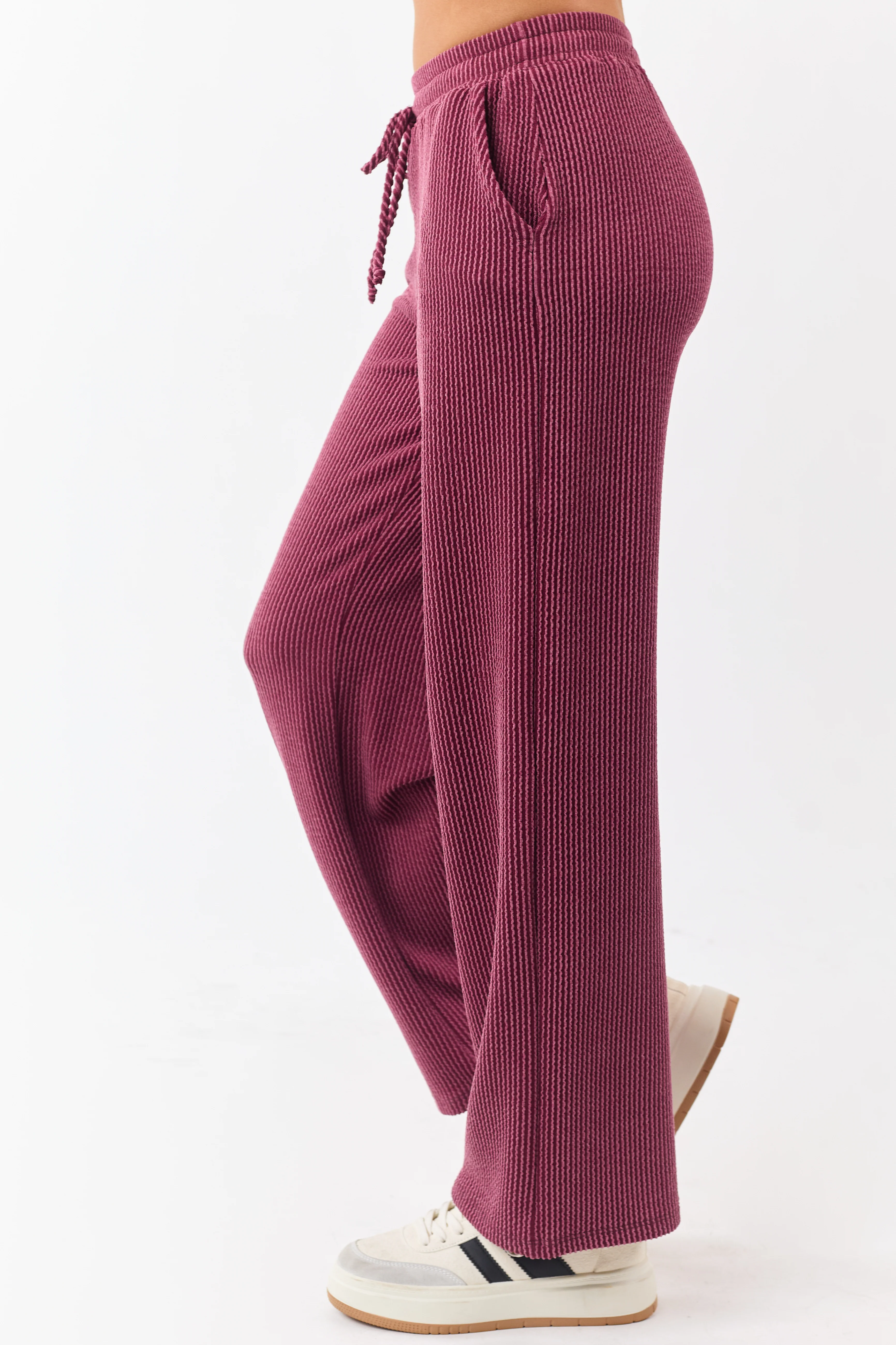 Maroon Wavy Ribbed Elastic Waist Drawstring Pants - Image 3