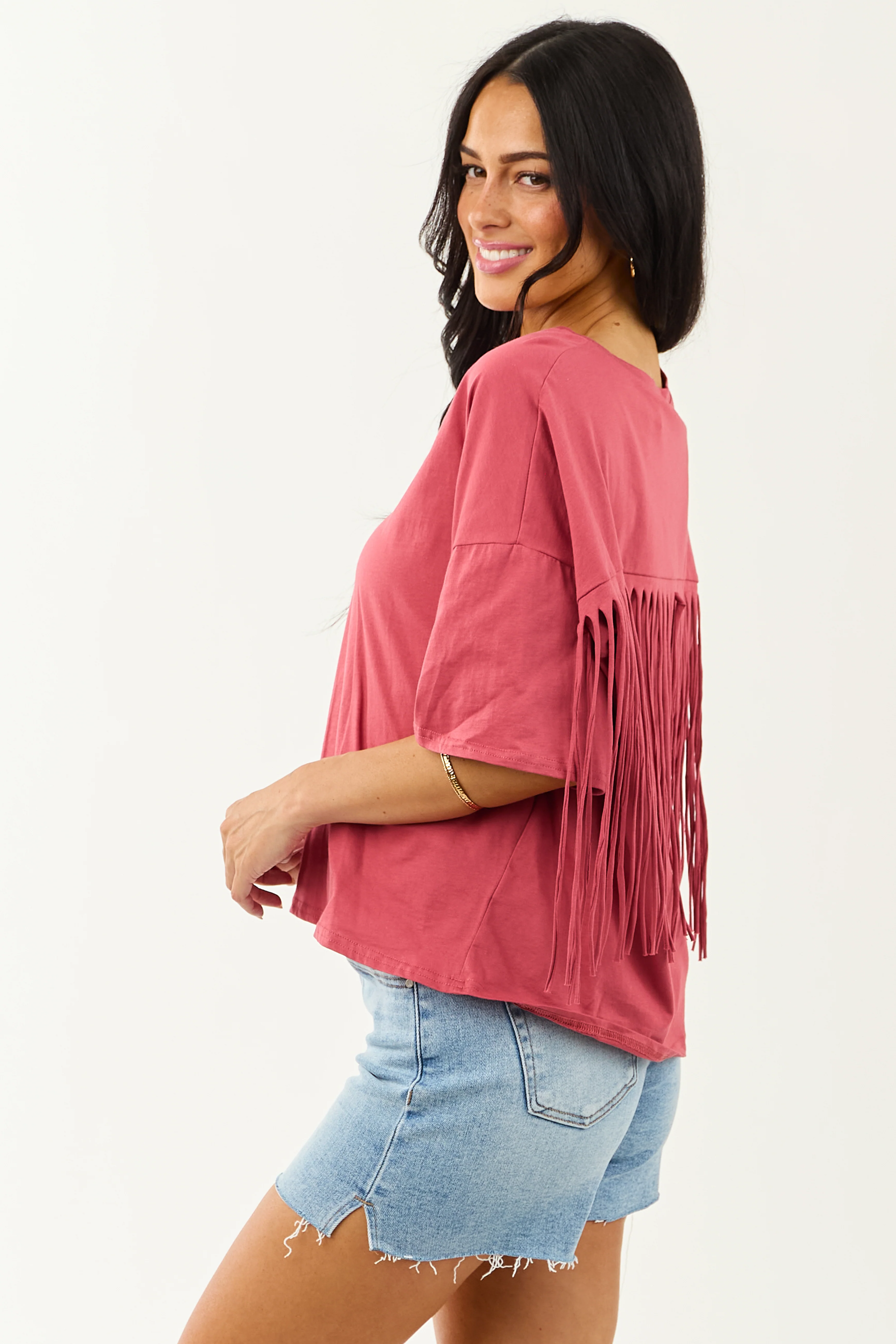 Marsala Half Sleeve Cotton Back Fringe Top - Image 4