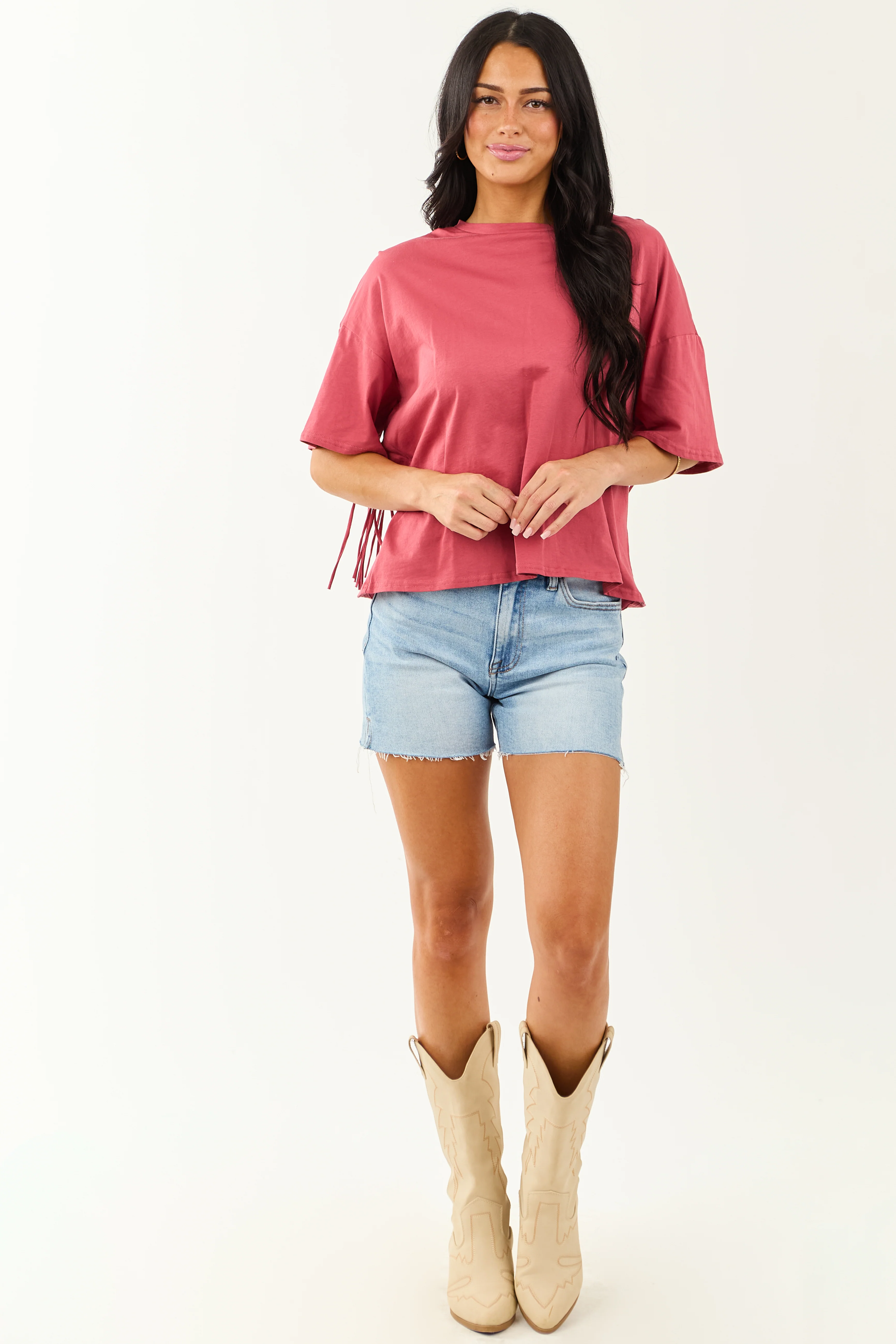 Marsala Half Sleeve Cotton Back Fringe Top - Image 5