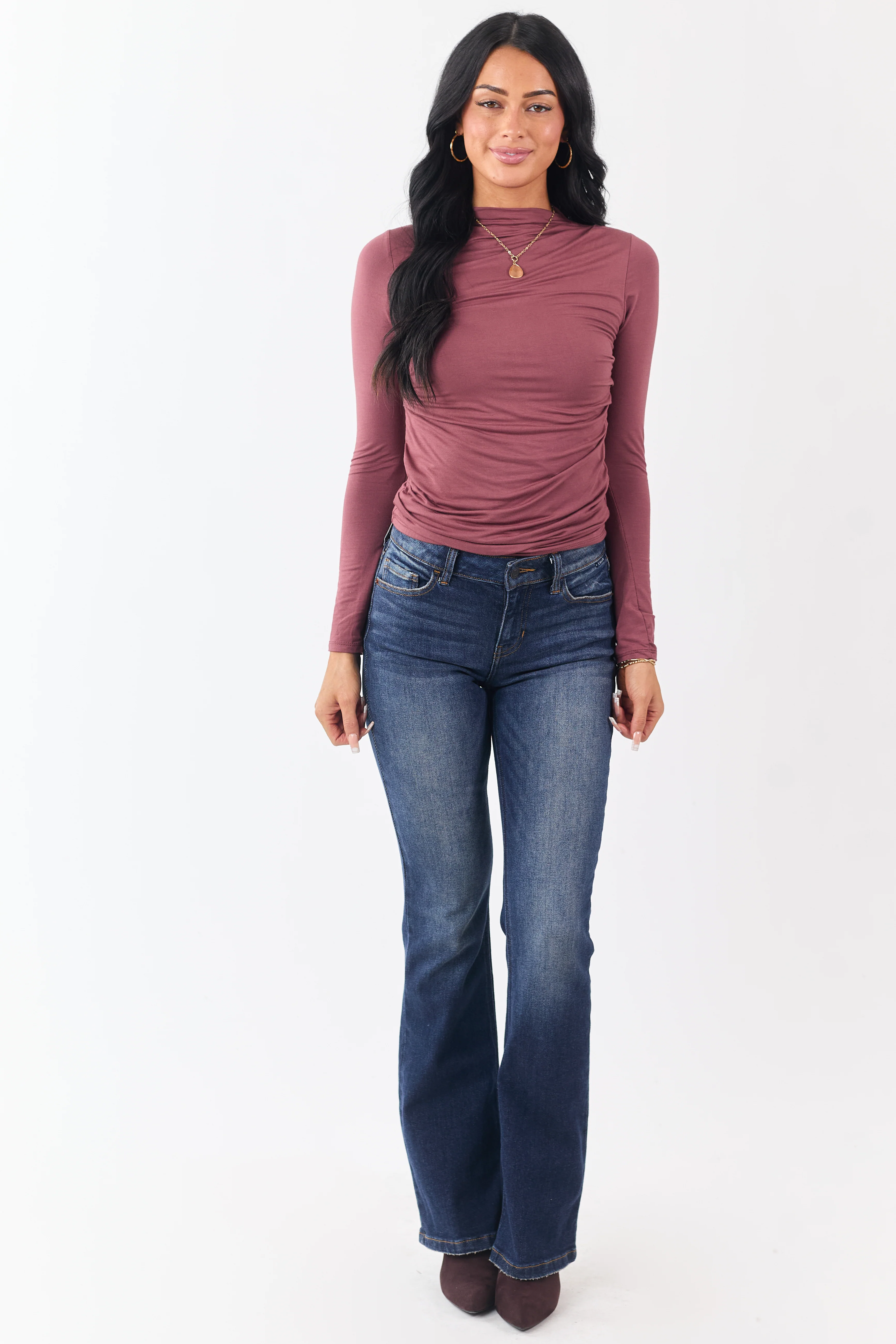 Marsala Ruched High Neck Double Layer Top - Image 2
