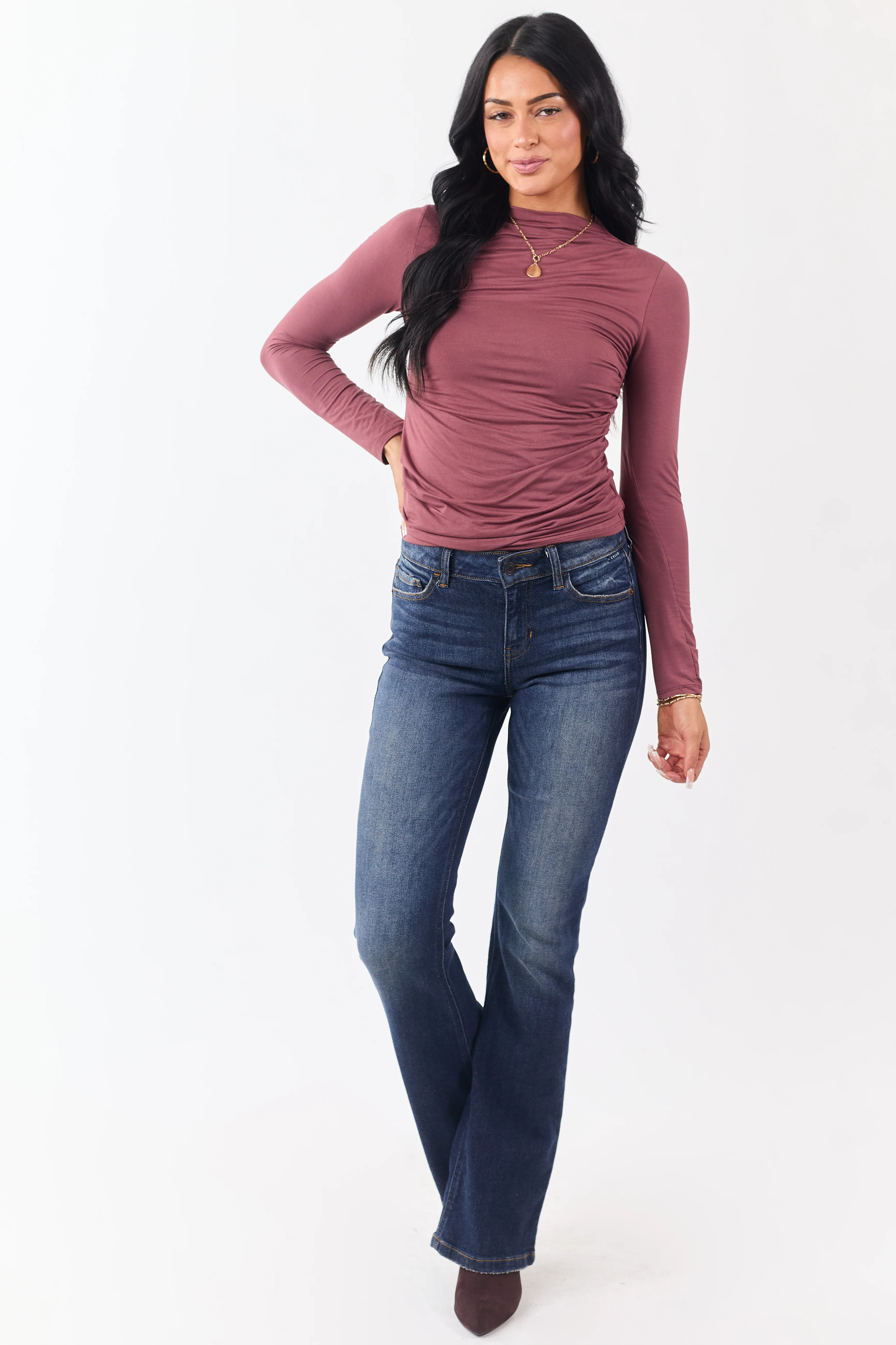 Marsala Ruched High Neck Double Layer Top - Image 3