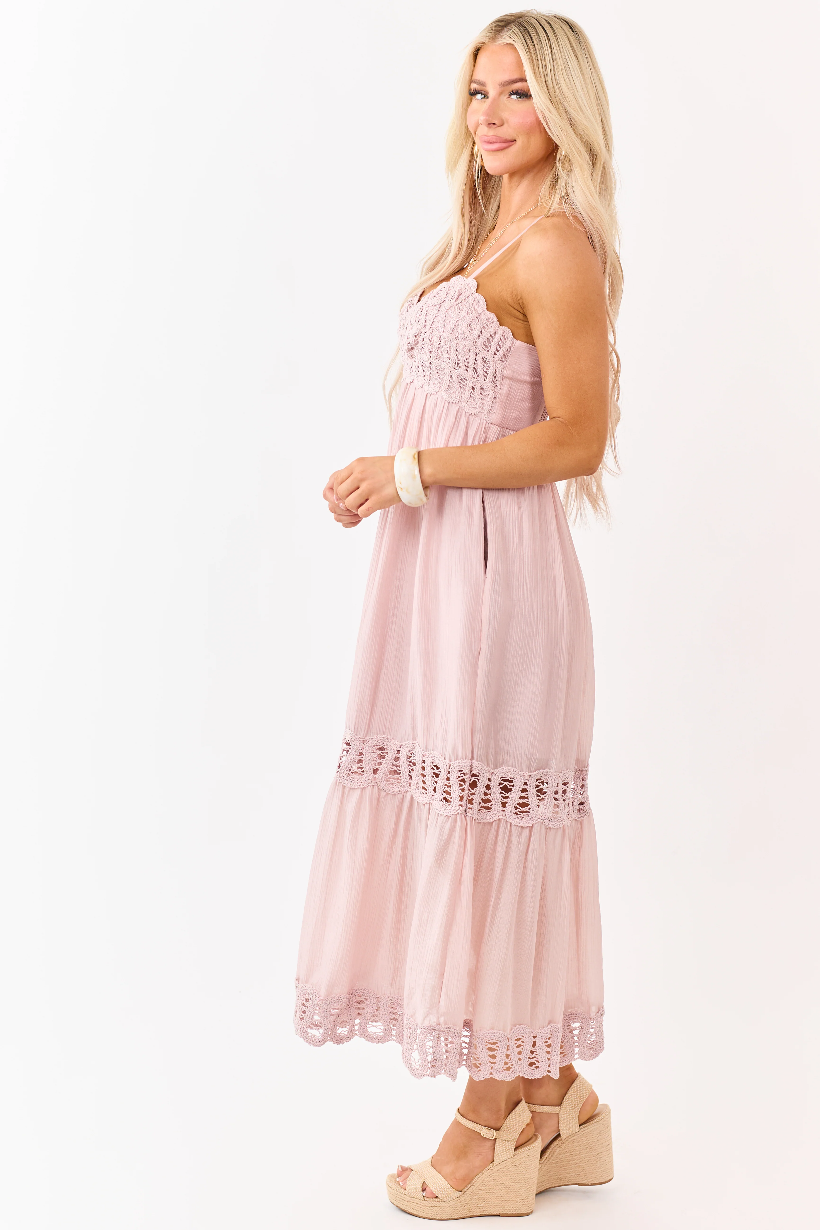 Mauve Crochet Lace Tiered Babydoll Midi Dress - Image 4