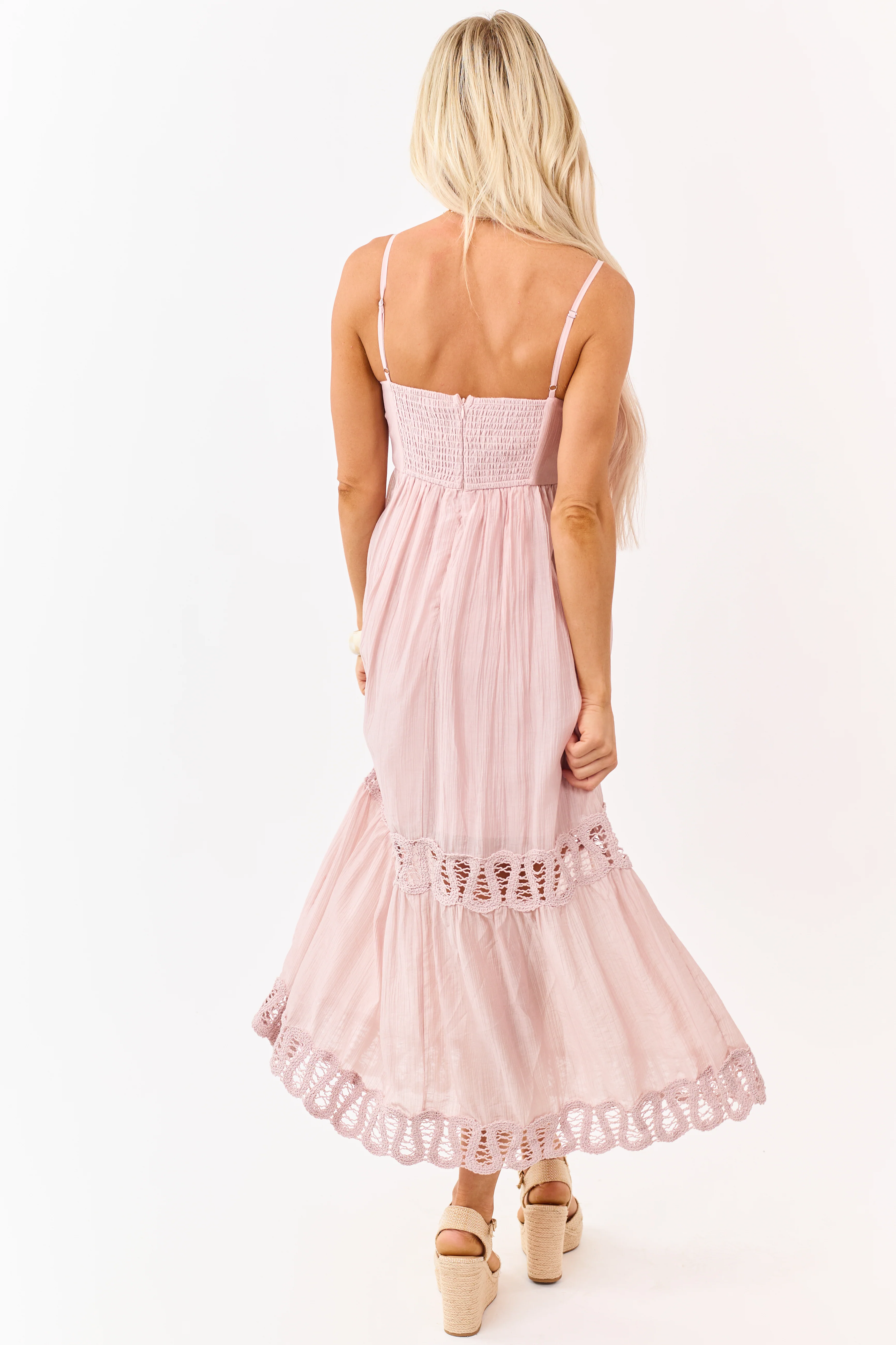 Mauve Crochet Lace Tiered Babydoll Midi Dress - Image 5