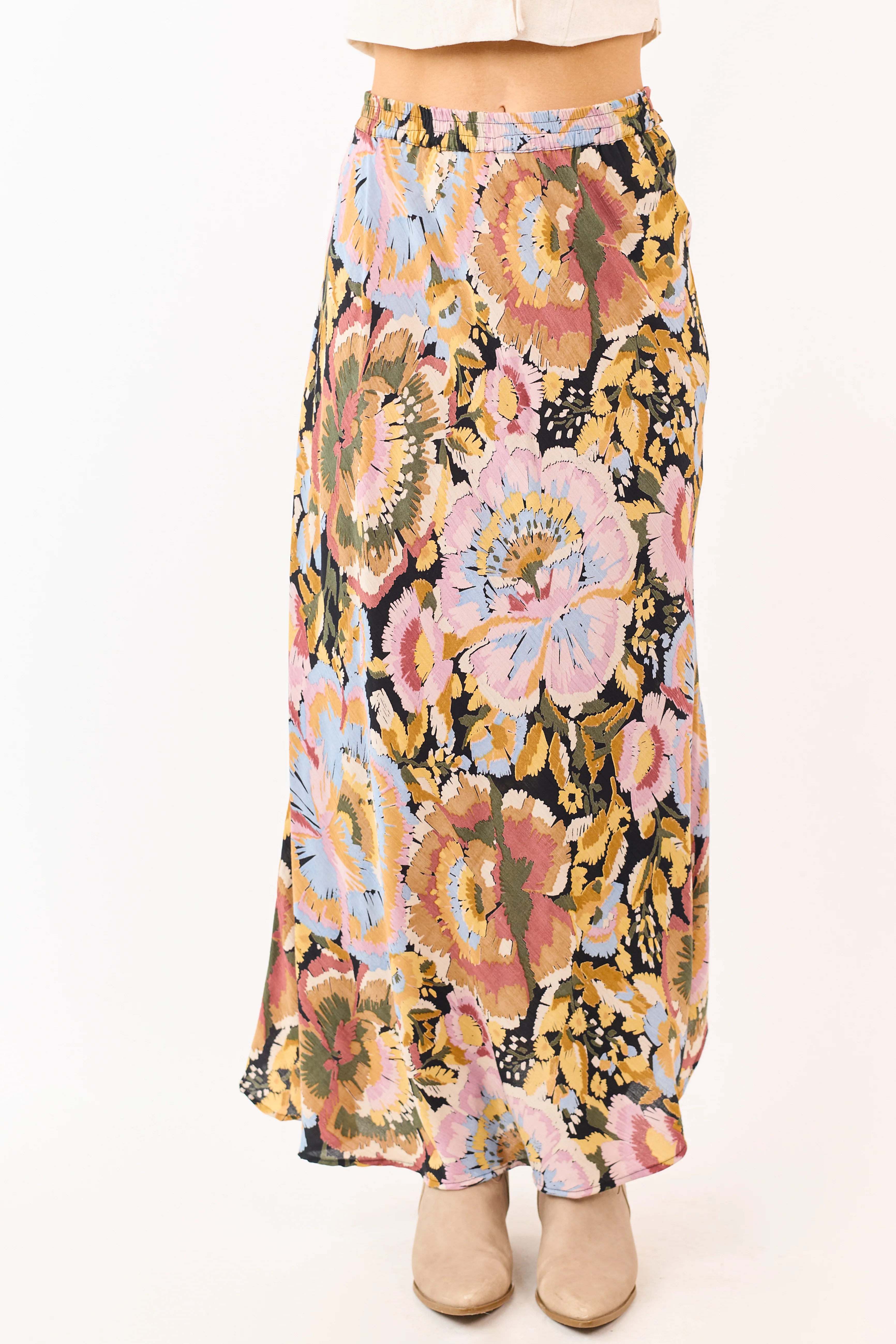 Mauve Floral Print Elastic Waist Flowy Maxi Skirt - Image 2
