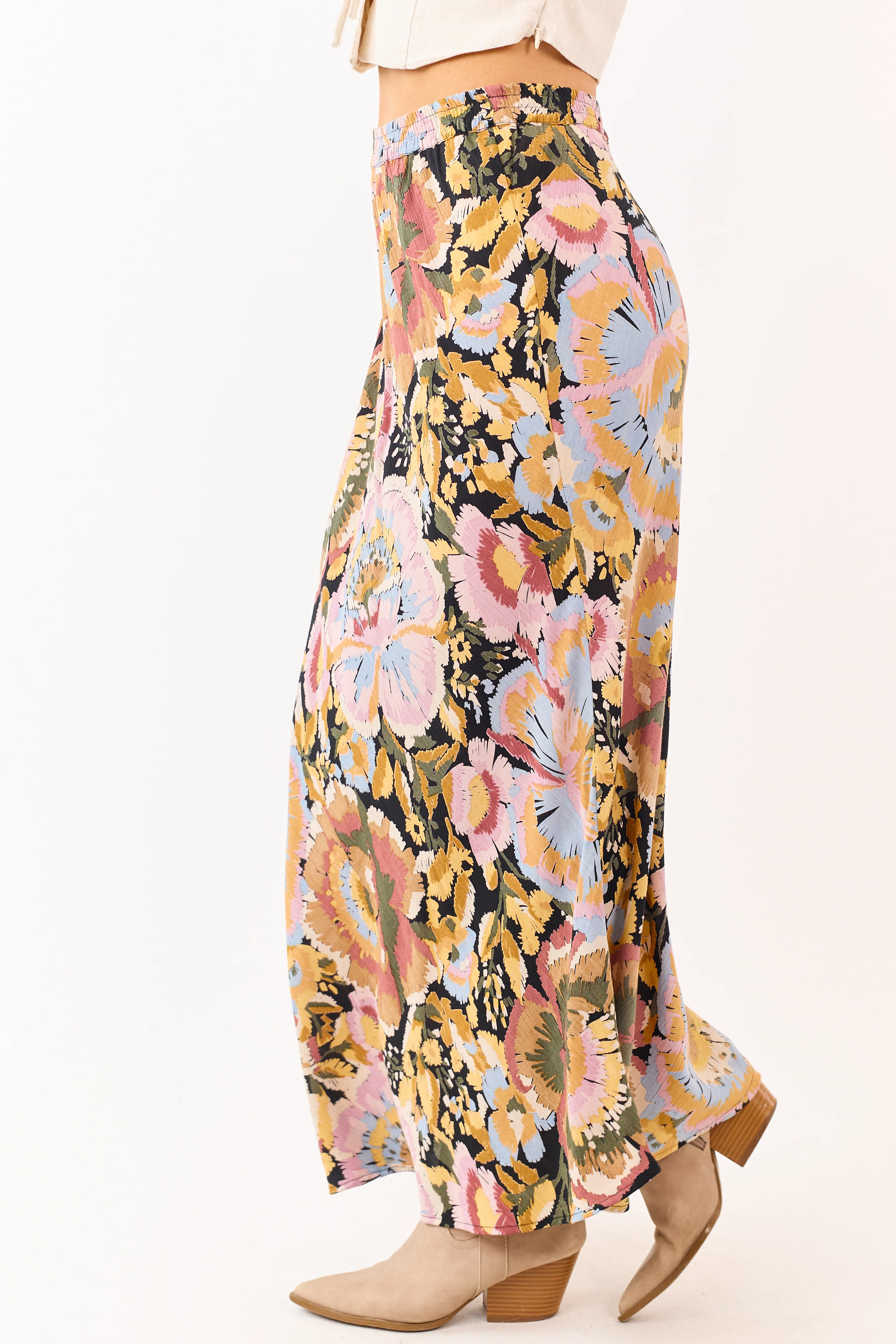 Mauve Floral Print Elastic Waist Flowy Maxi Skirt - Image 3