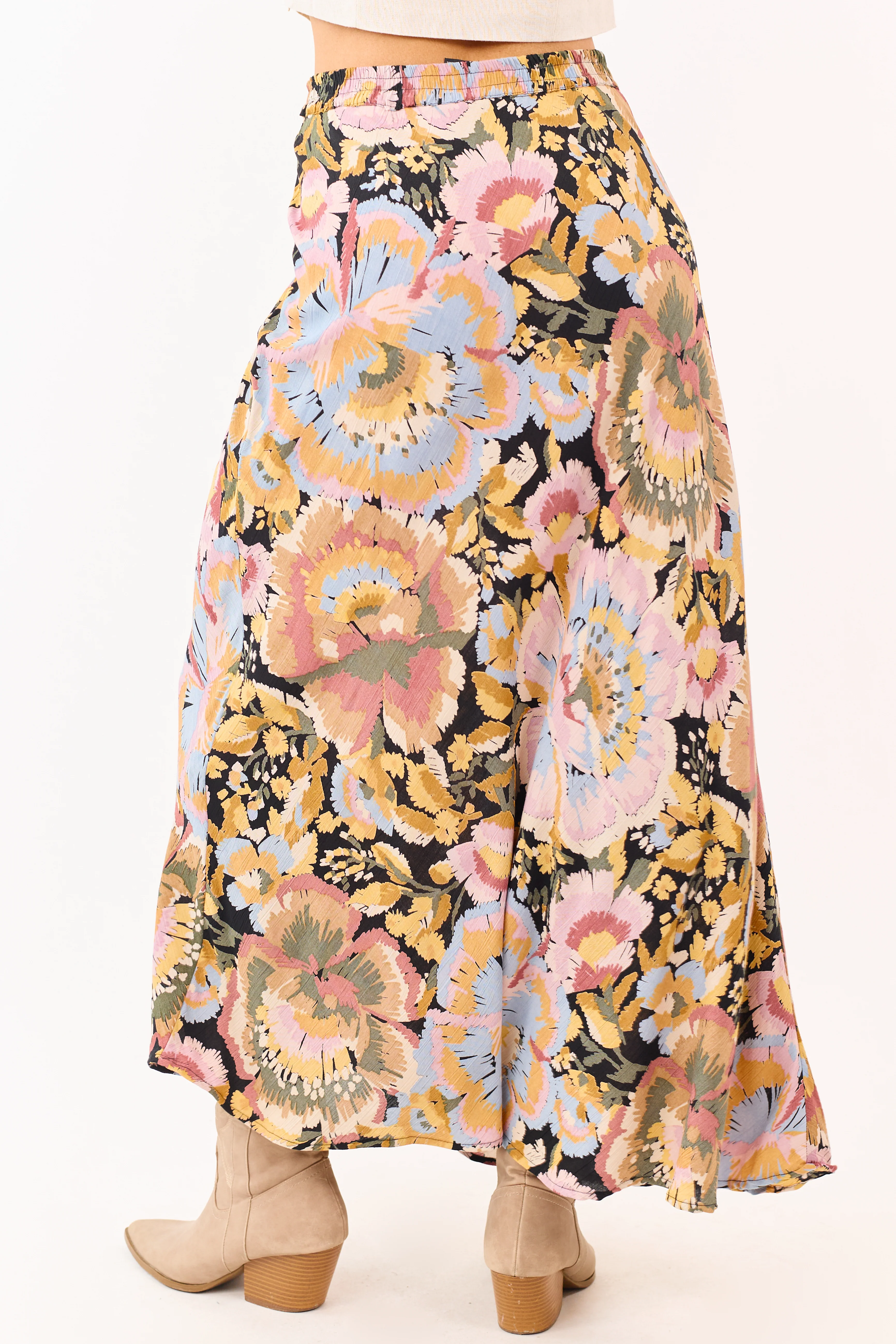 Mauve Floral Print Elastic Waist Flowy Maxi Skirt - Image 4