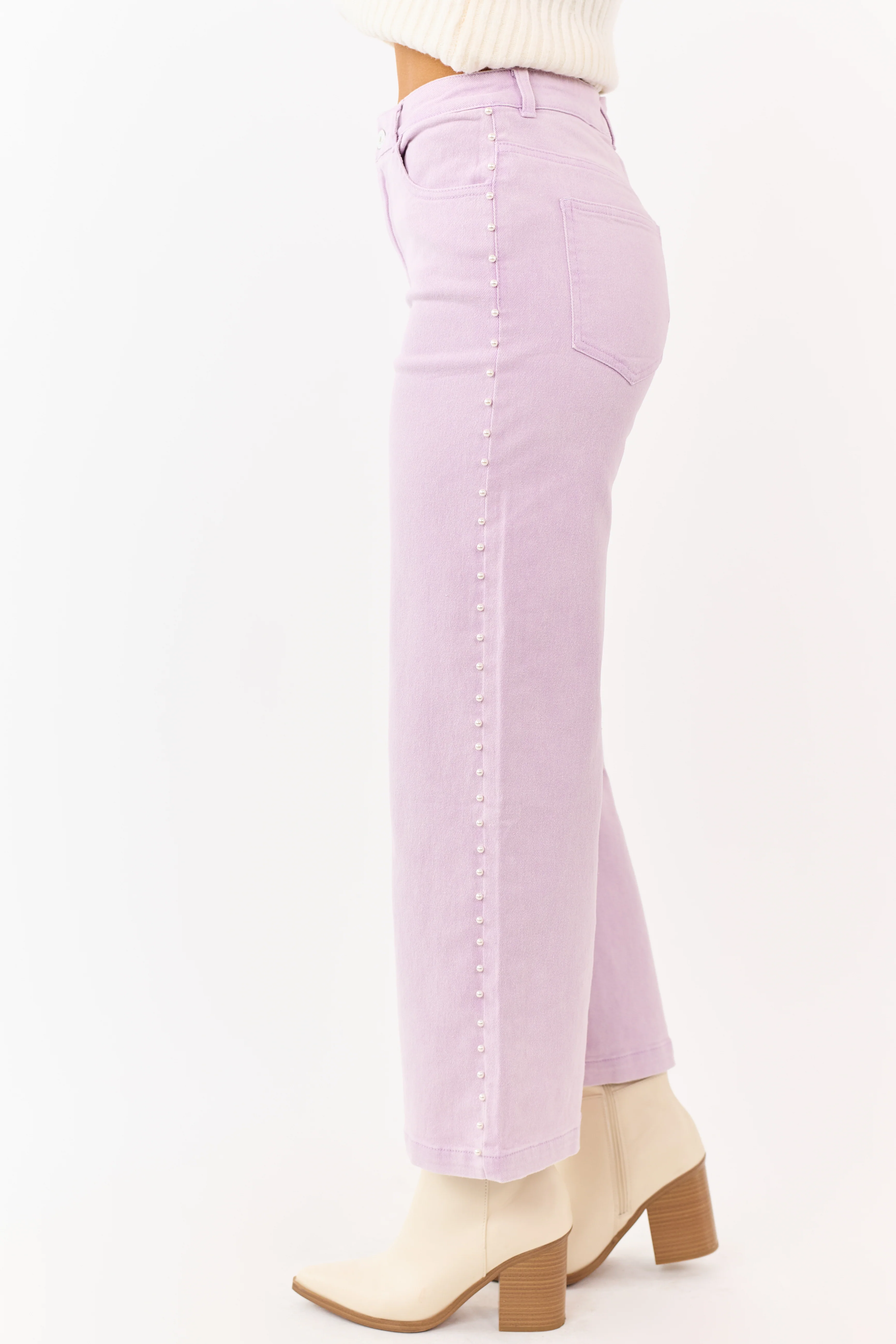 Mauve High Rise Pearl Embellished Wide Leg Jeans - Image 4