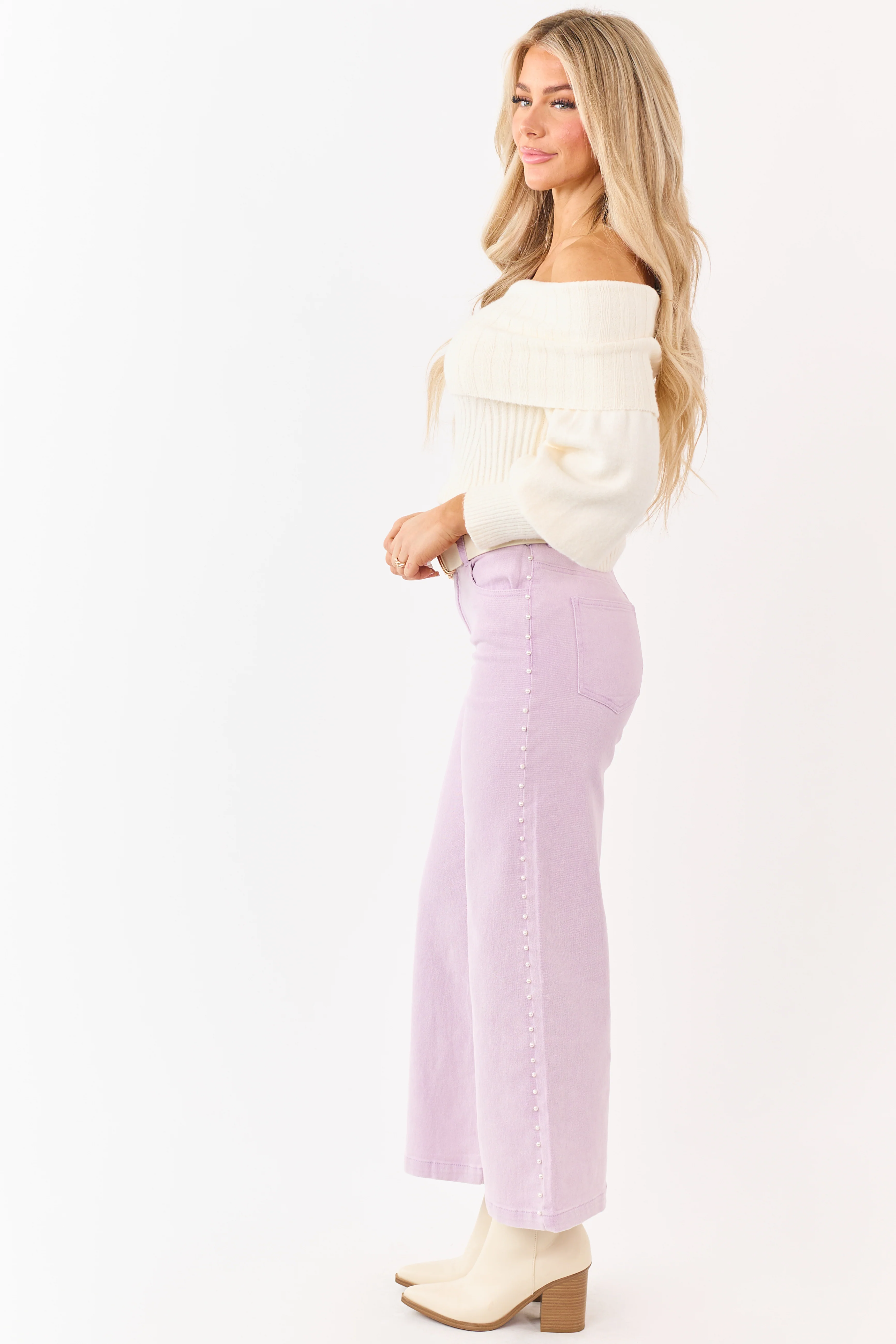 Mauve High Rise Pearl Embellished Wide Leg Jeans - Image 8