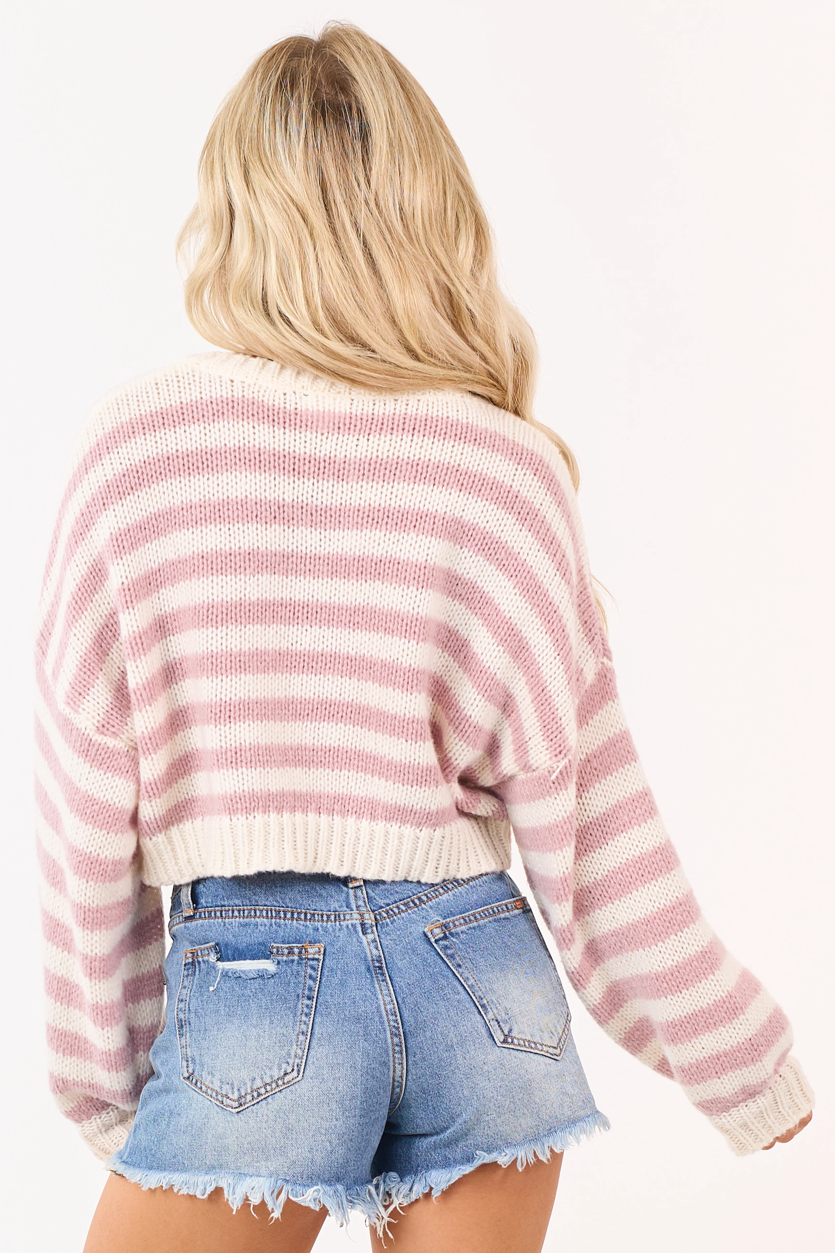 Mauve and Ivory Striped Cropped Boxy Sweater - Image 5