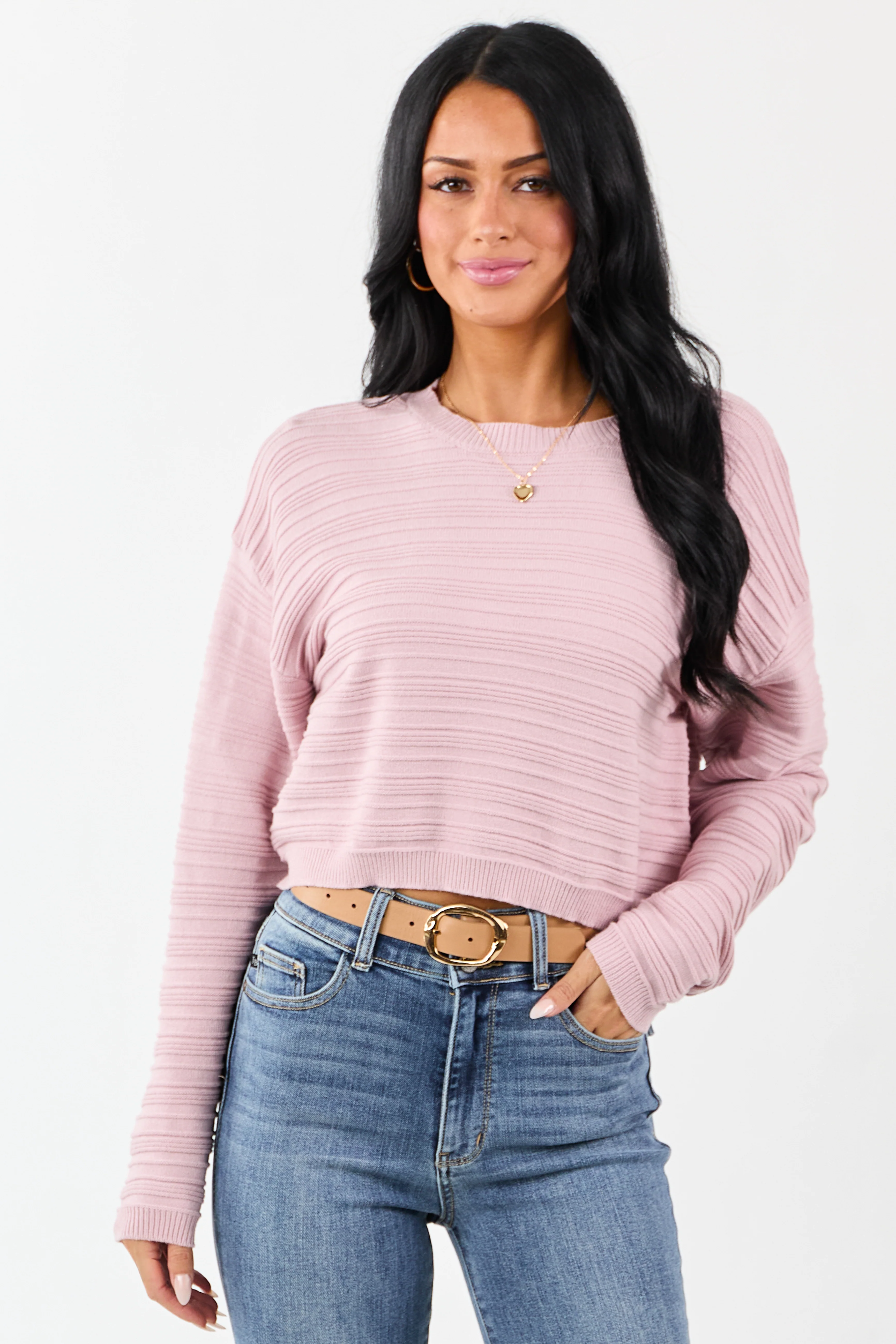 Mauve Long Sleeve Textured Knit Cropped Sweater