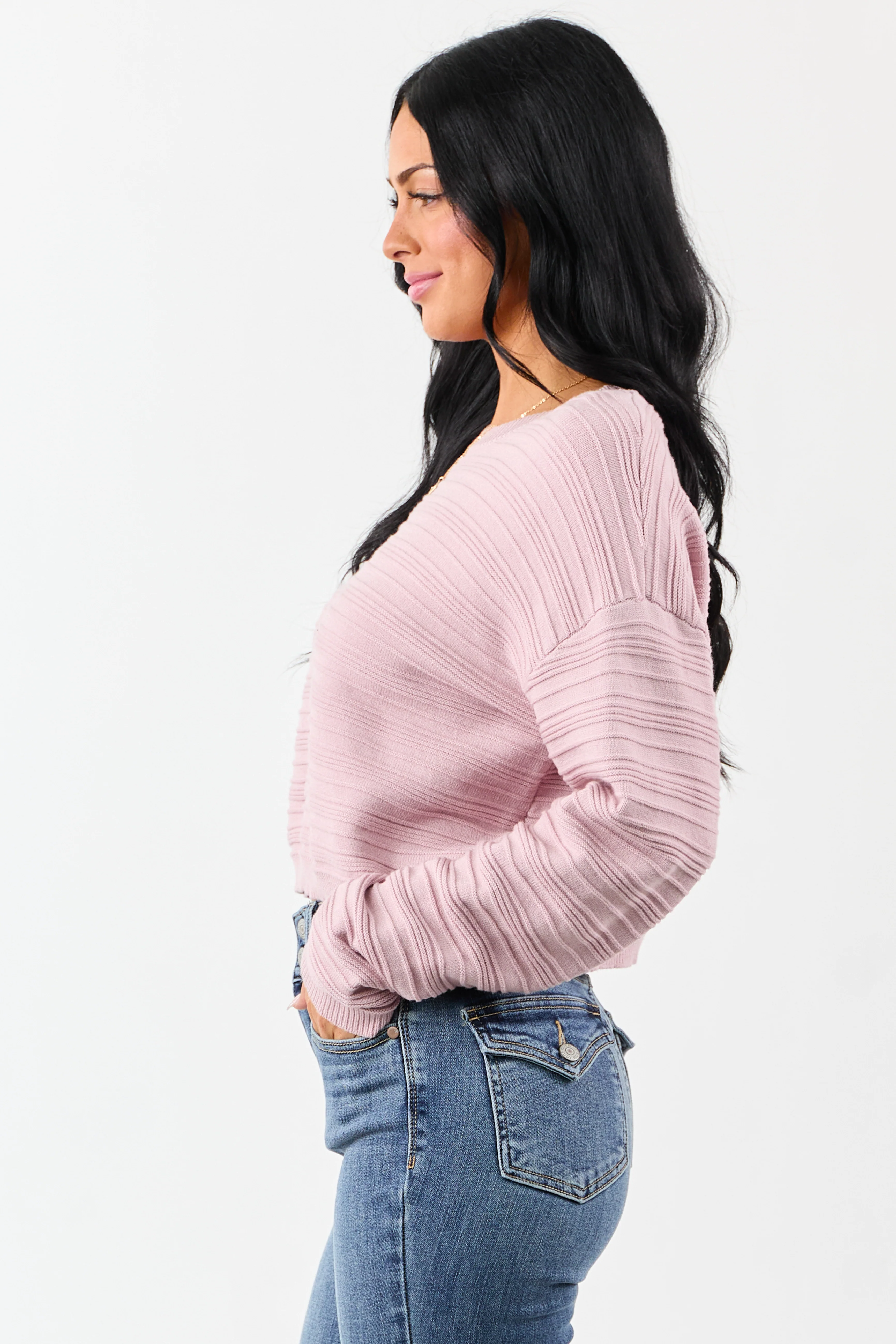 Mauve Long Sleeve Textured Knit Cropped Sweater - Image 5