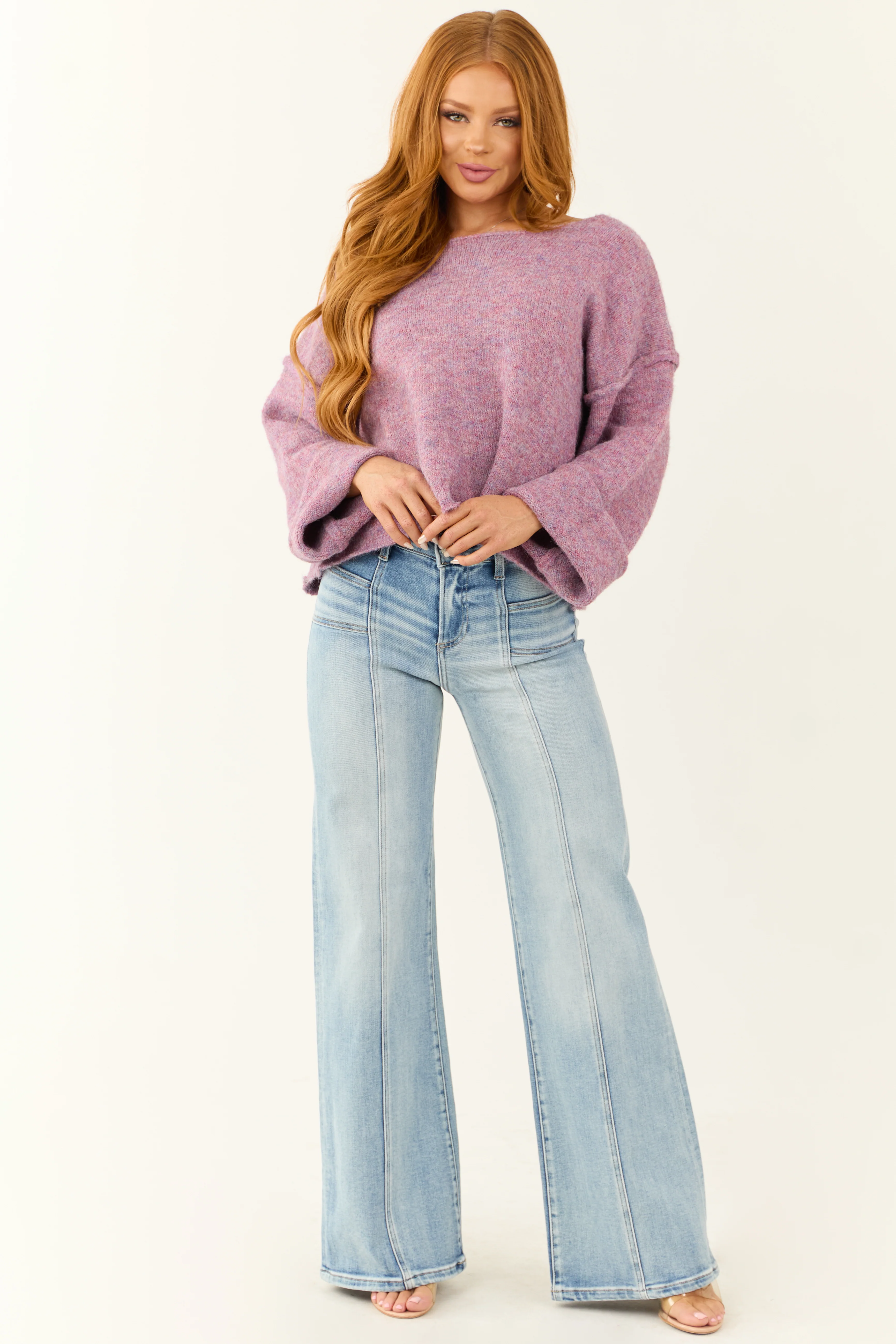 Mauve Melange Knit Boat Neck Wide Sleeve Sweater - Image 2