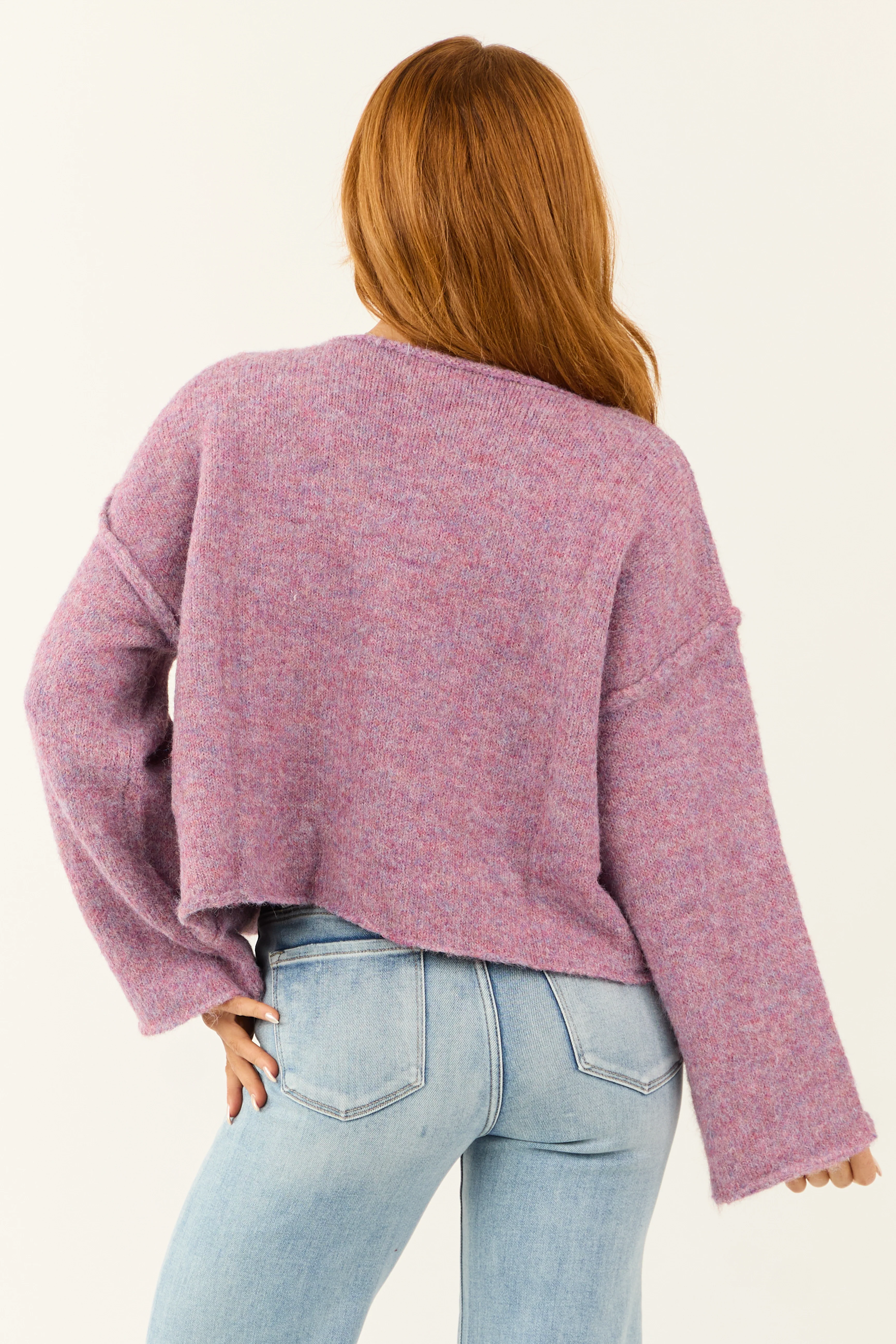 Mauve Melange Knit Boat Neck Wide Sleeve Sweater - Image 5