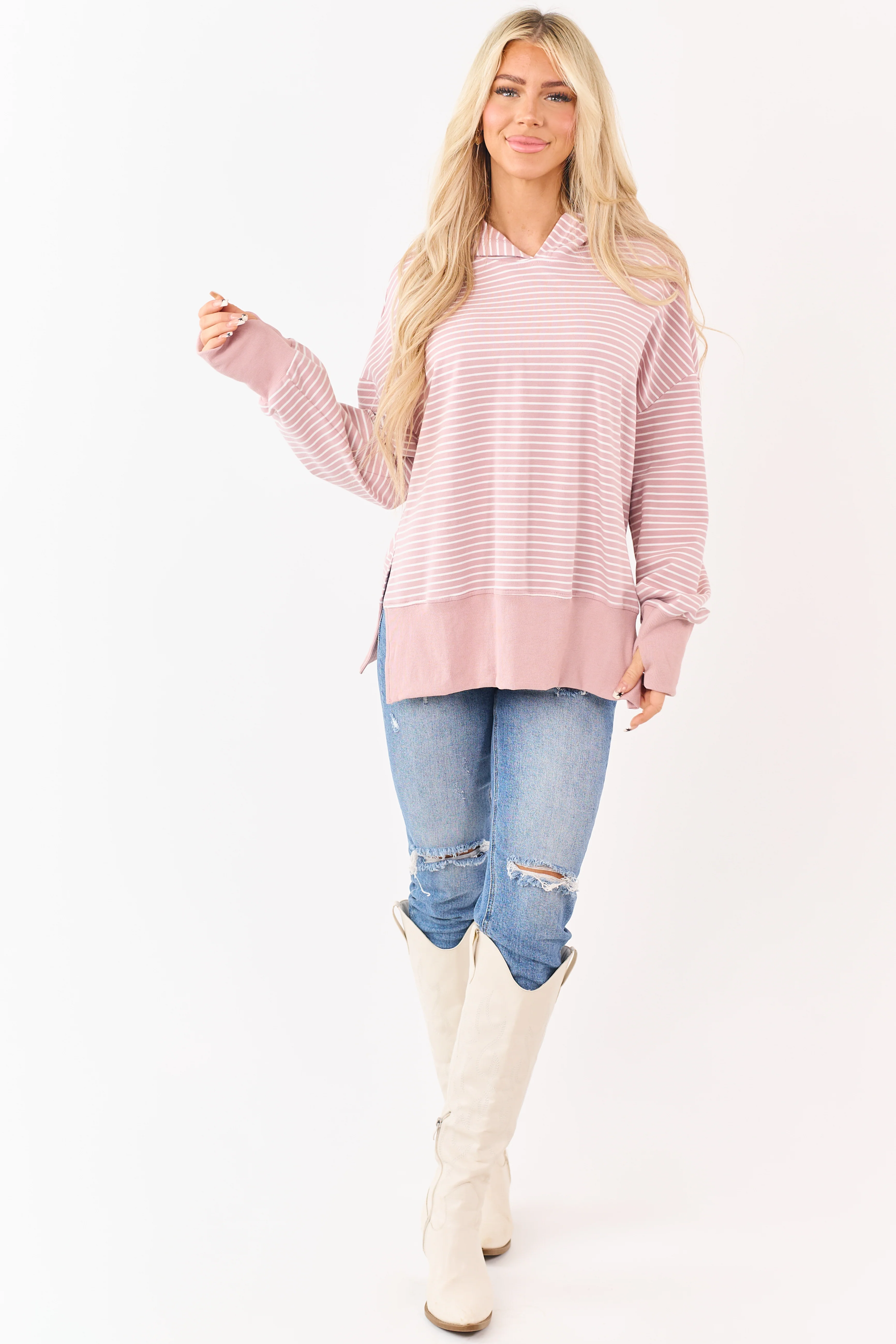 Mauve Striped Ribbed Trim Side Slit Relaxed Hoodie - Image 2