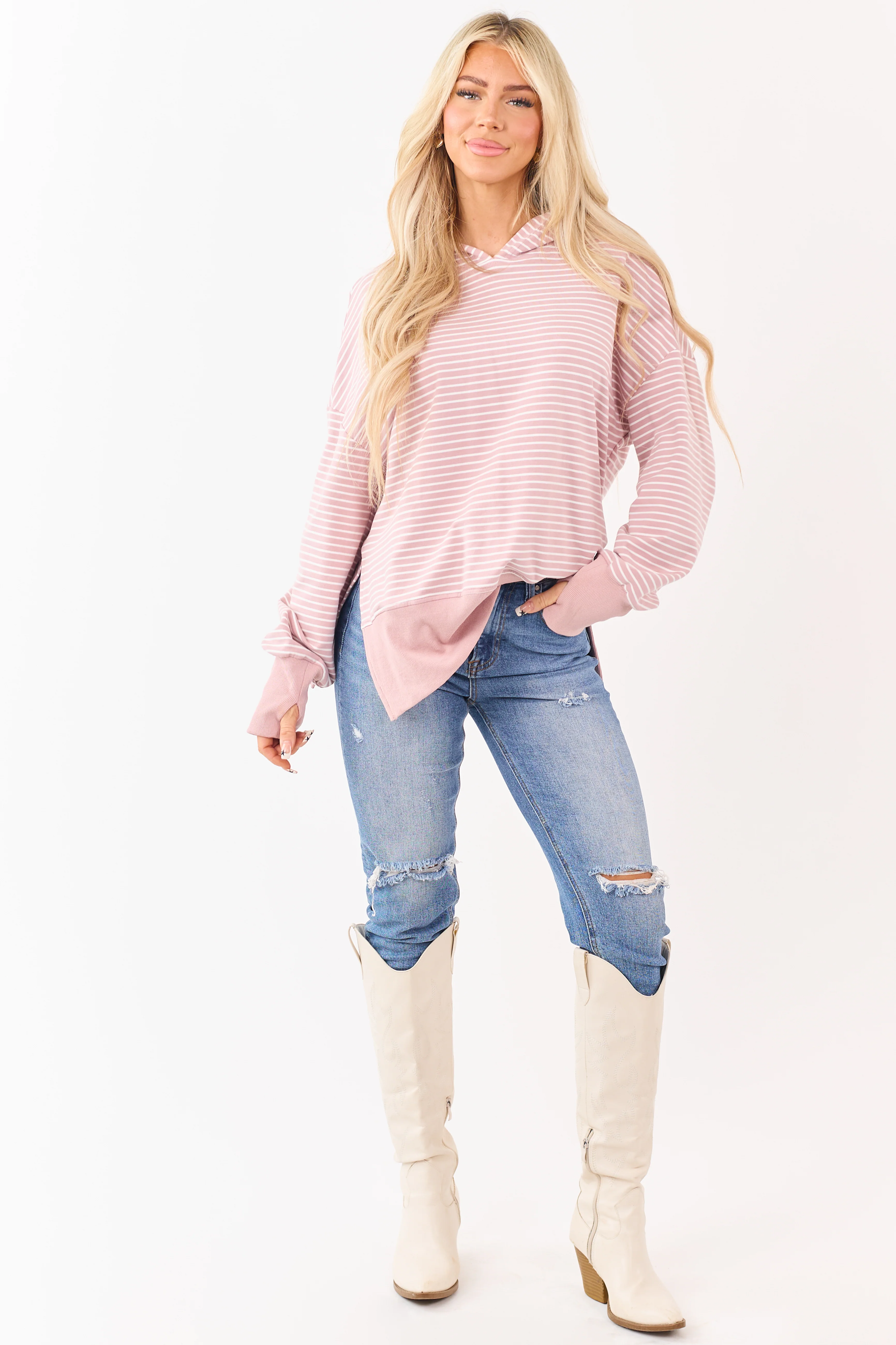 Mauve Striped Ribbed Trim Side Slit Relaxed Hoodie - Image 3