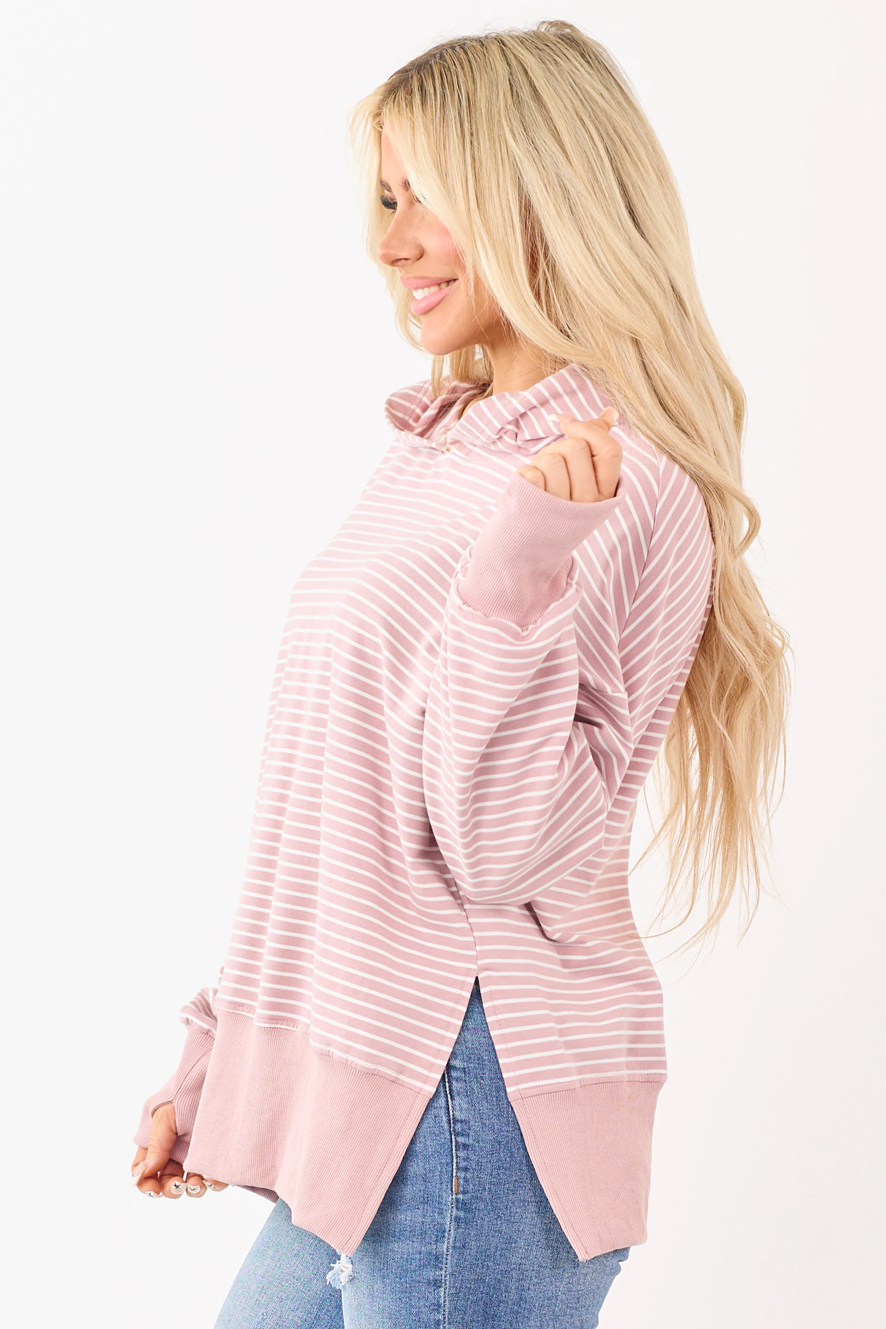 Mauve Striped Ribbed Trim Side Slit Relaxed Hoodie - Image 4