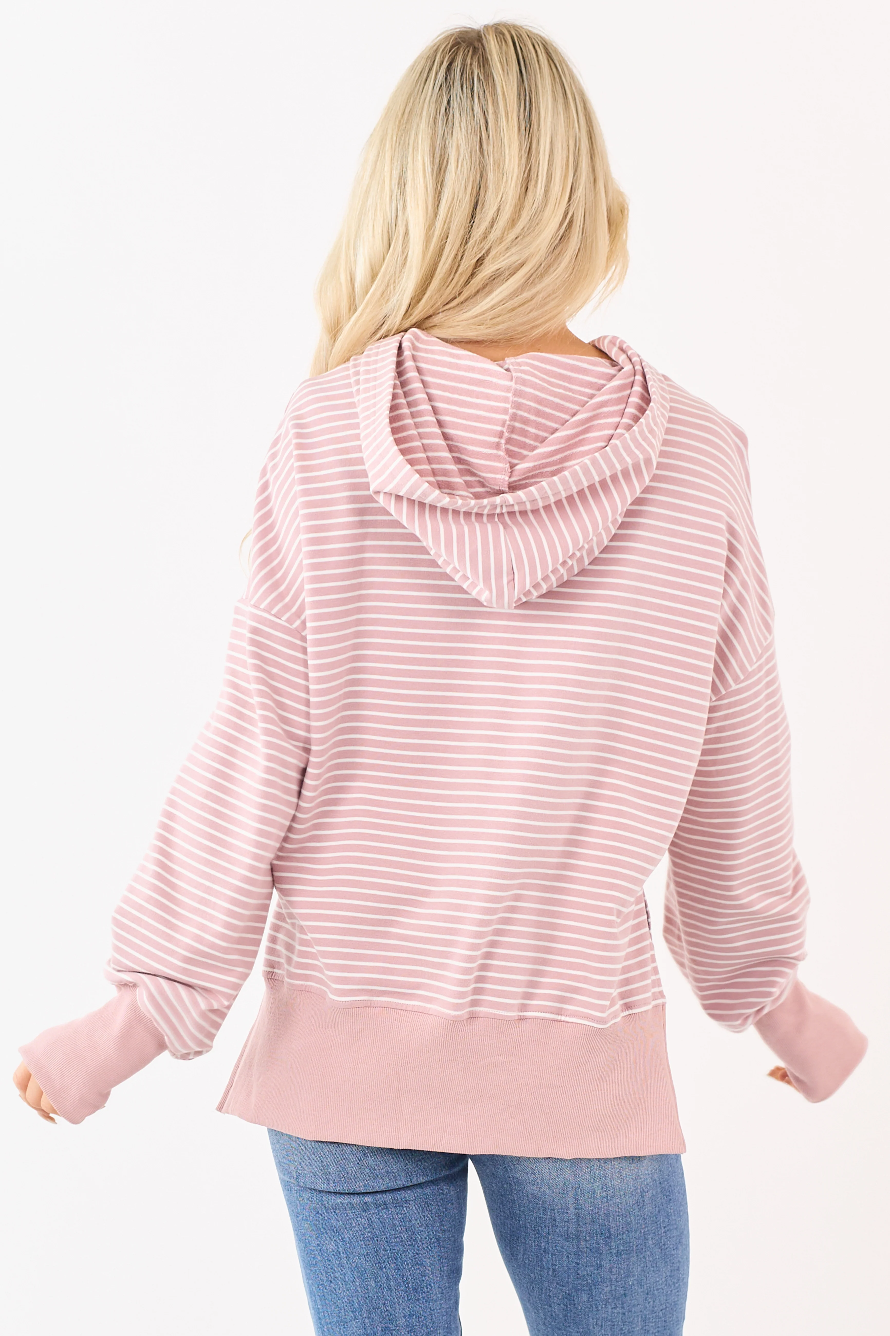 Mauve Striped Ribbed Trim Side Slit Relaxed Hoodie - Image 5
