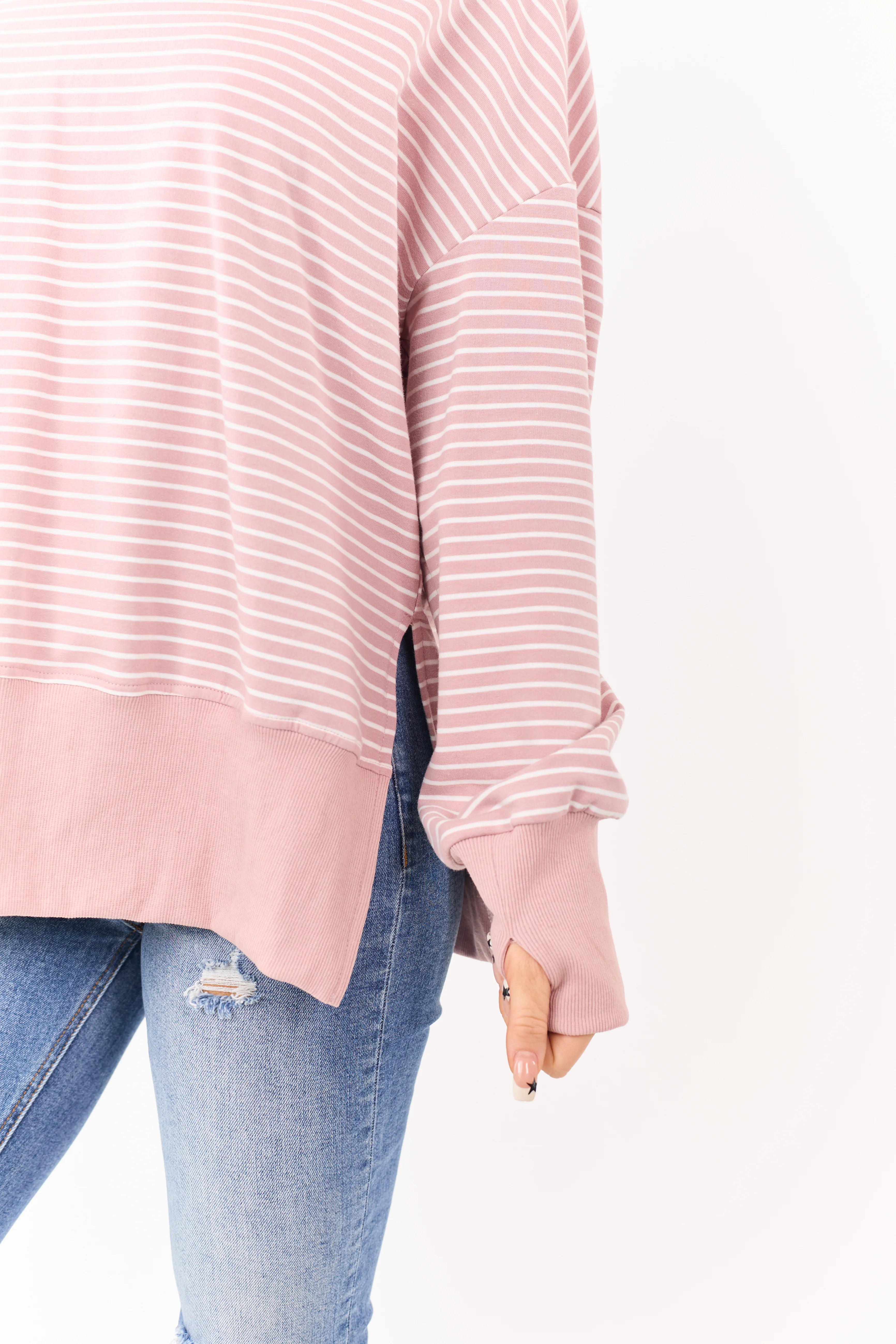 Mauve Striped Ribbed Trim Side Slit Relaxed Hoodie - Image 6