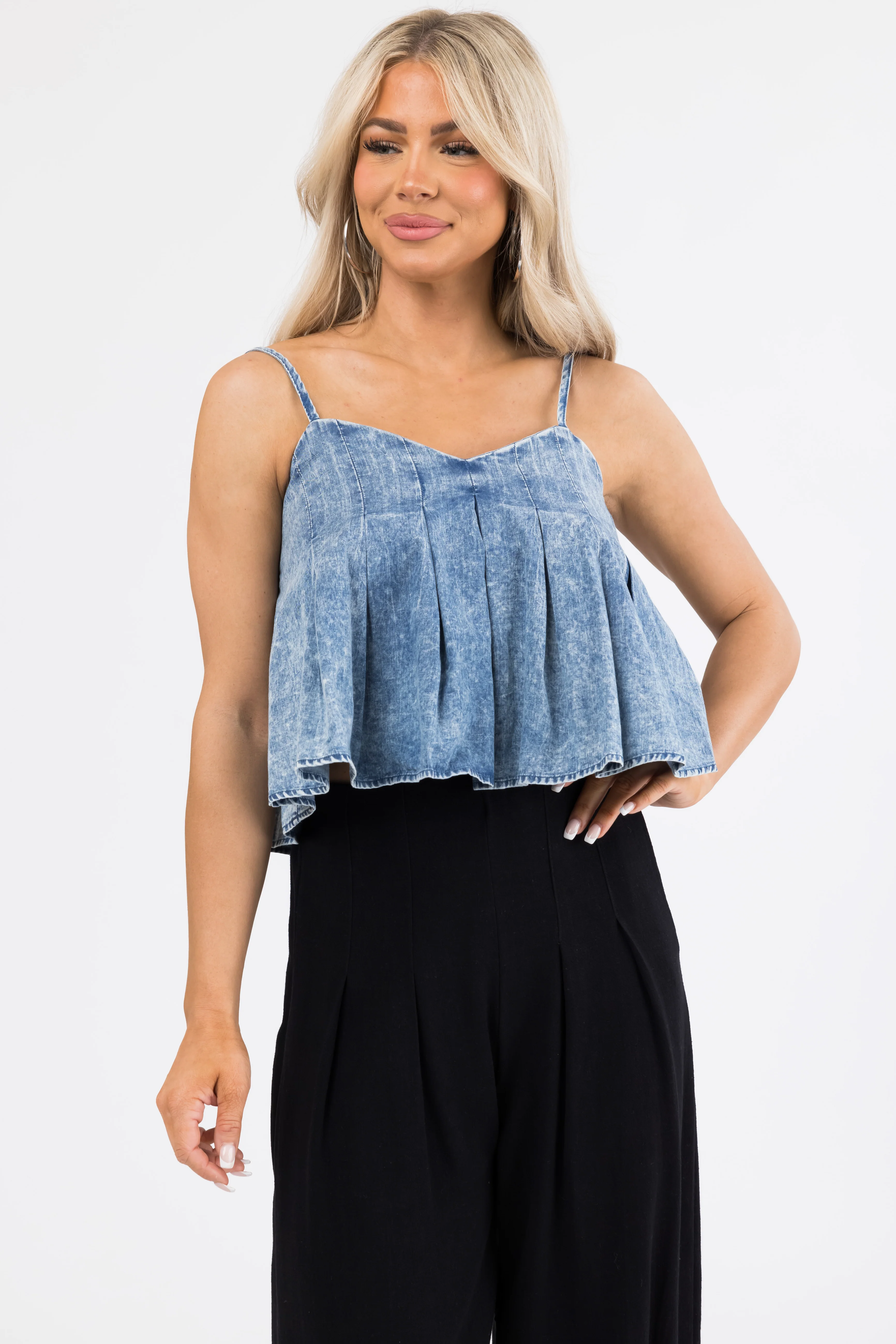 Medium Acid Wash Denim Sleeveless Crop Top - Image 3