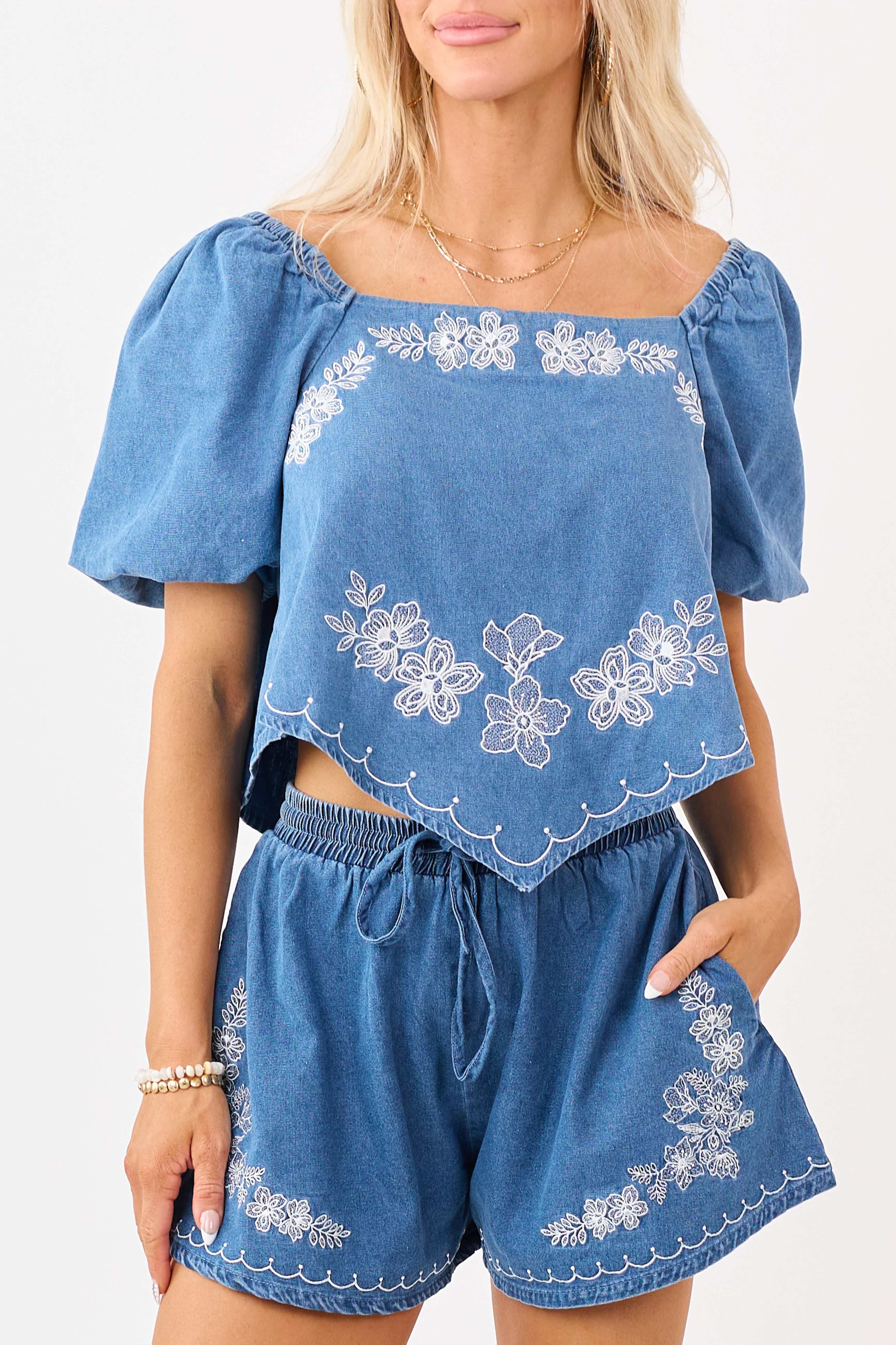 Medium Denim Floral Embroidered Scarf Hem Top