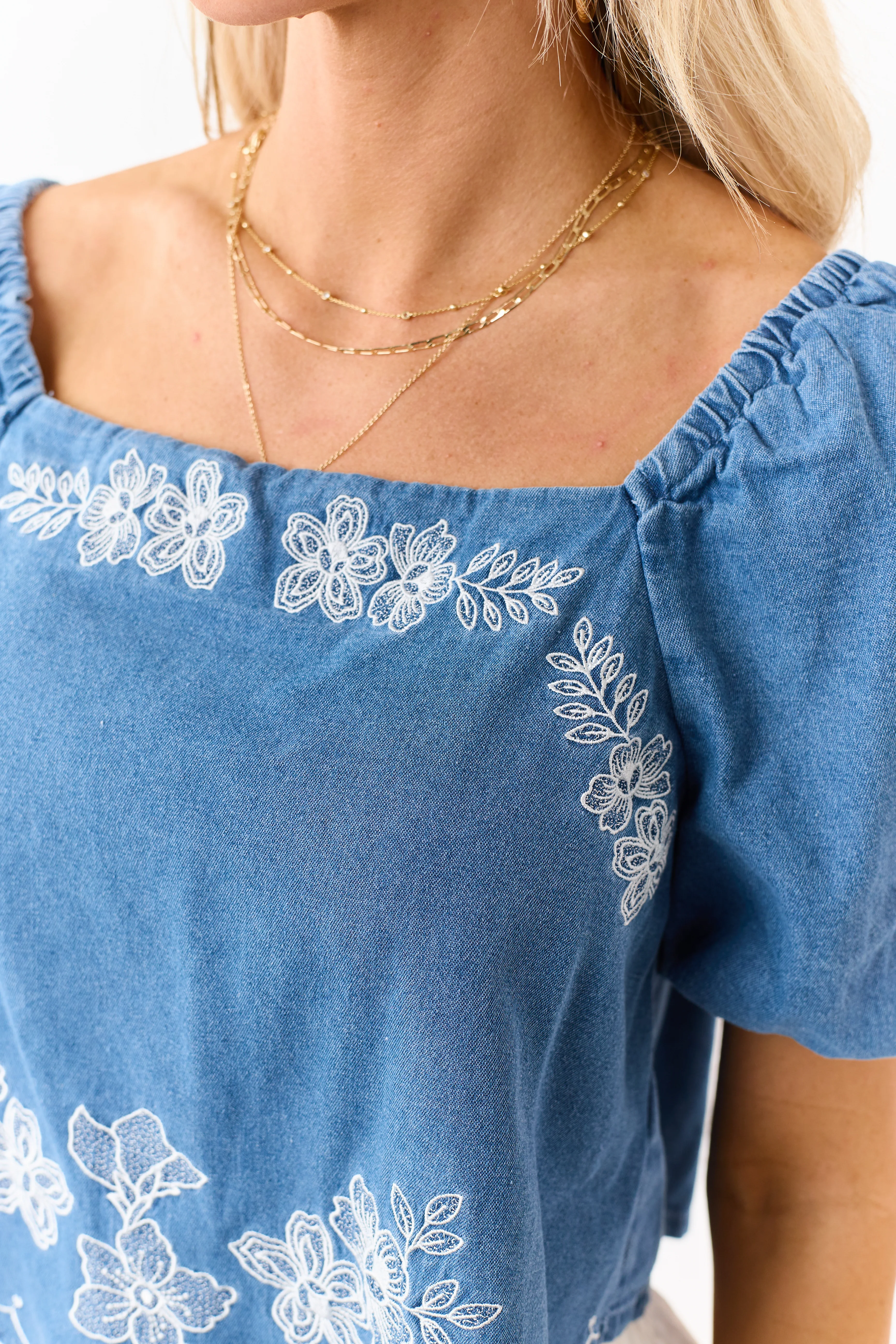 Medium Denim Floral Embroidered Scarf Hem Top - Image 6