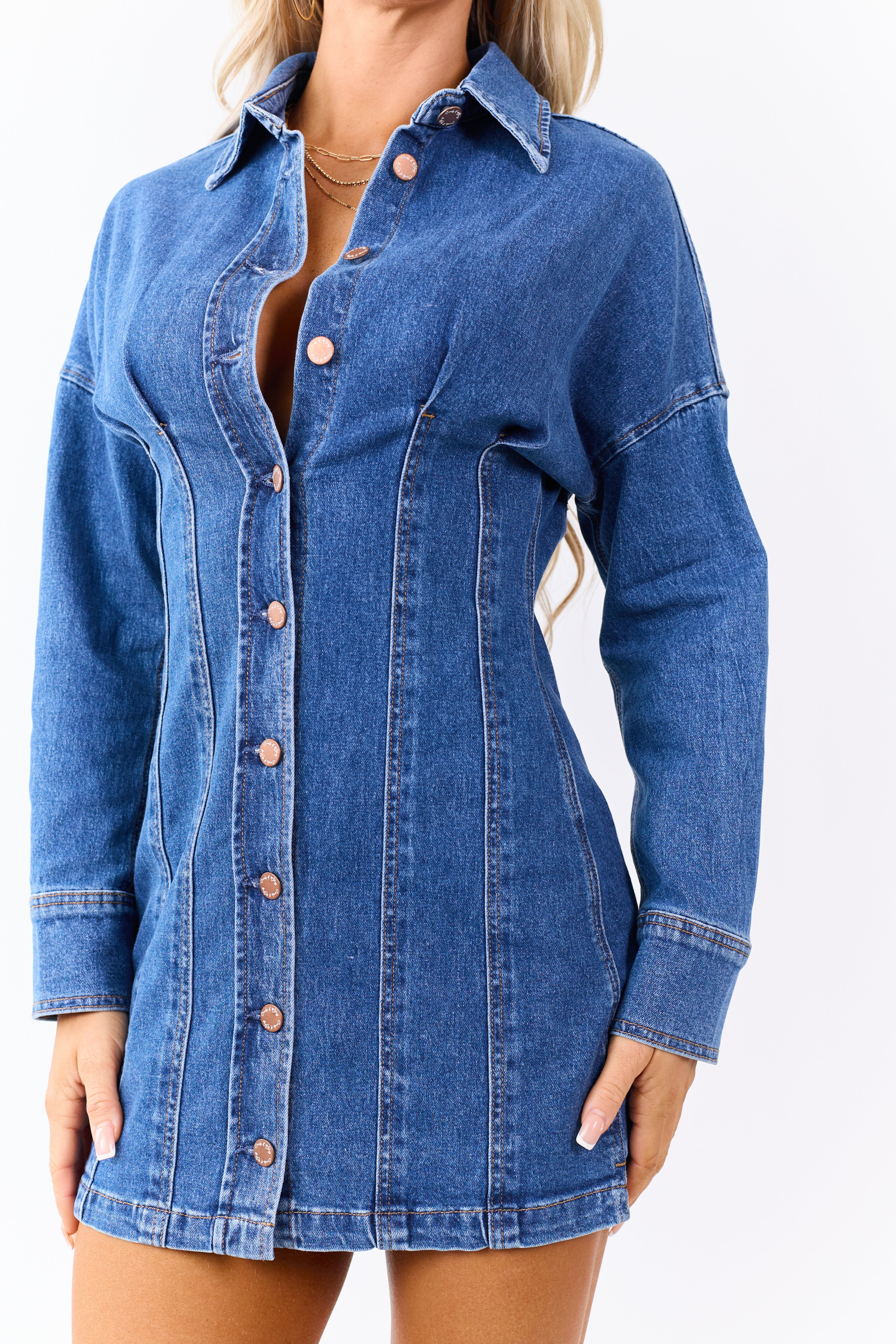Medium Wash Button Down Pleated Mini Dress - Image 6