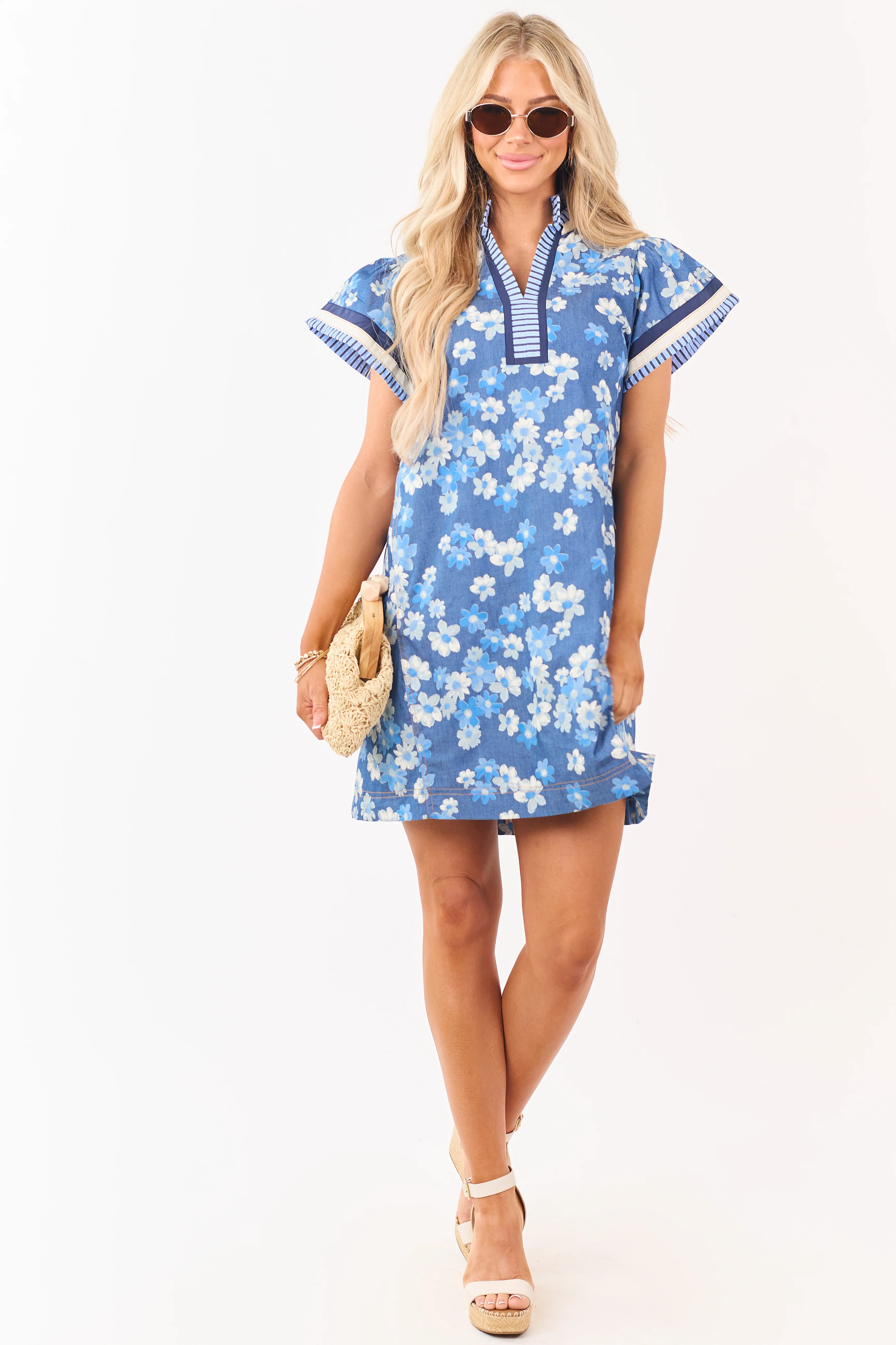 Medium Wash Chambray Floral Print Mini Dress - Image 3