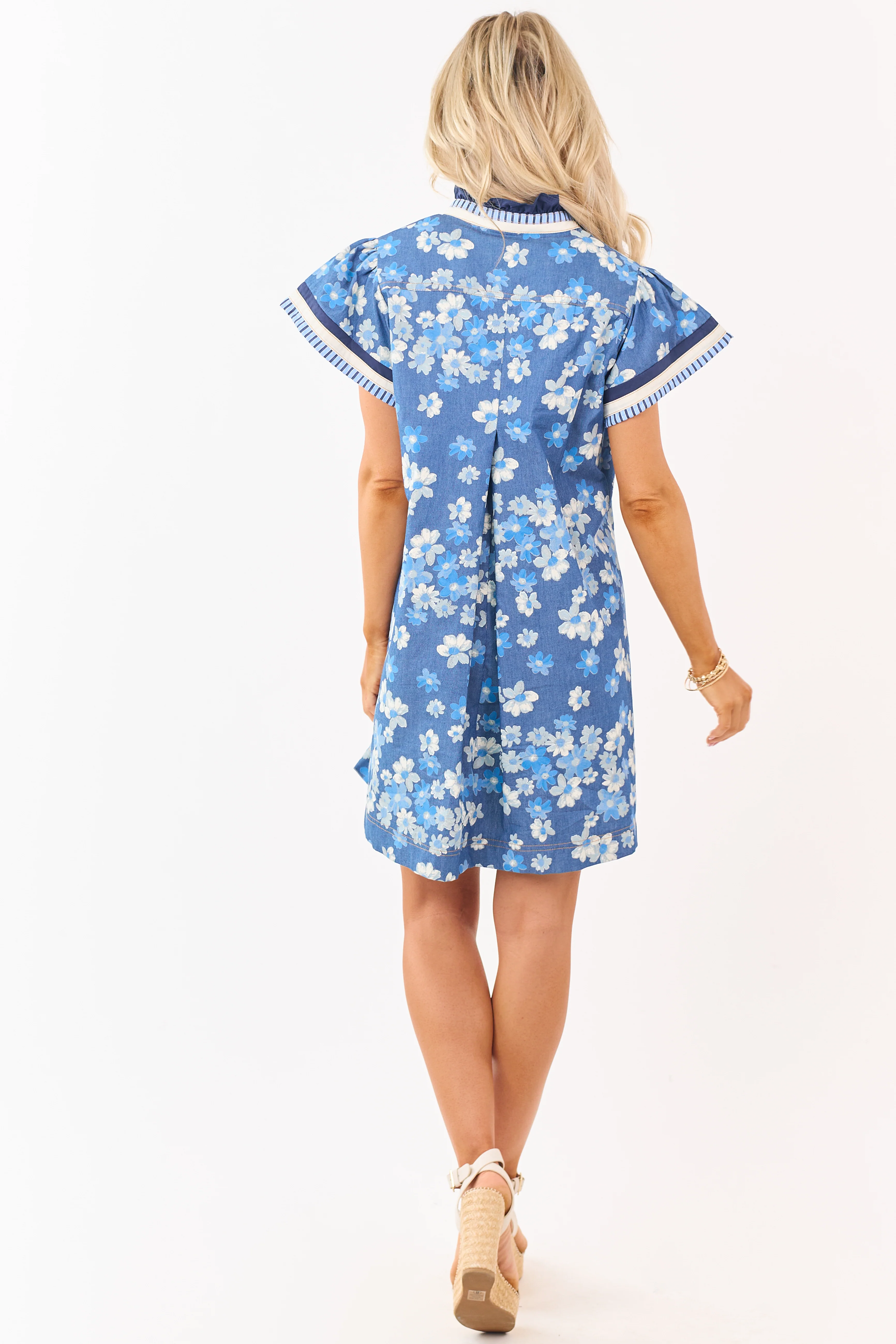 Medium Wash Chambray Floral Print Mini Dress - Image 5