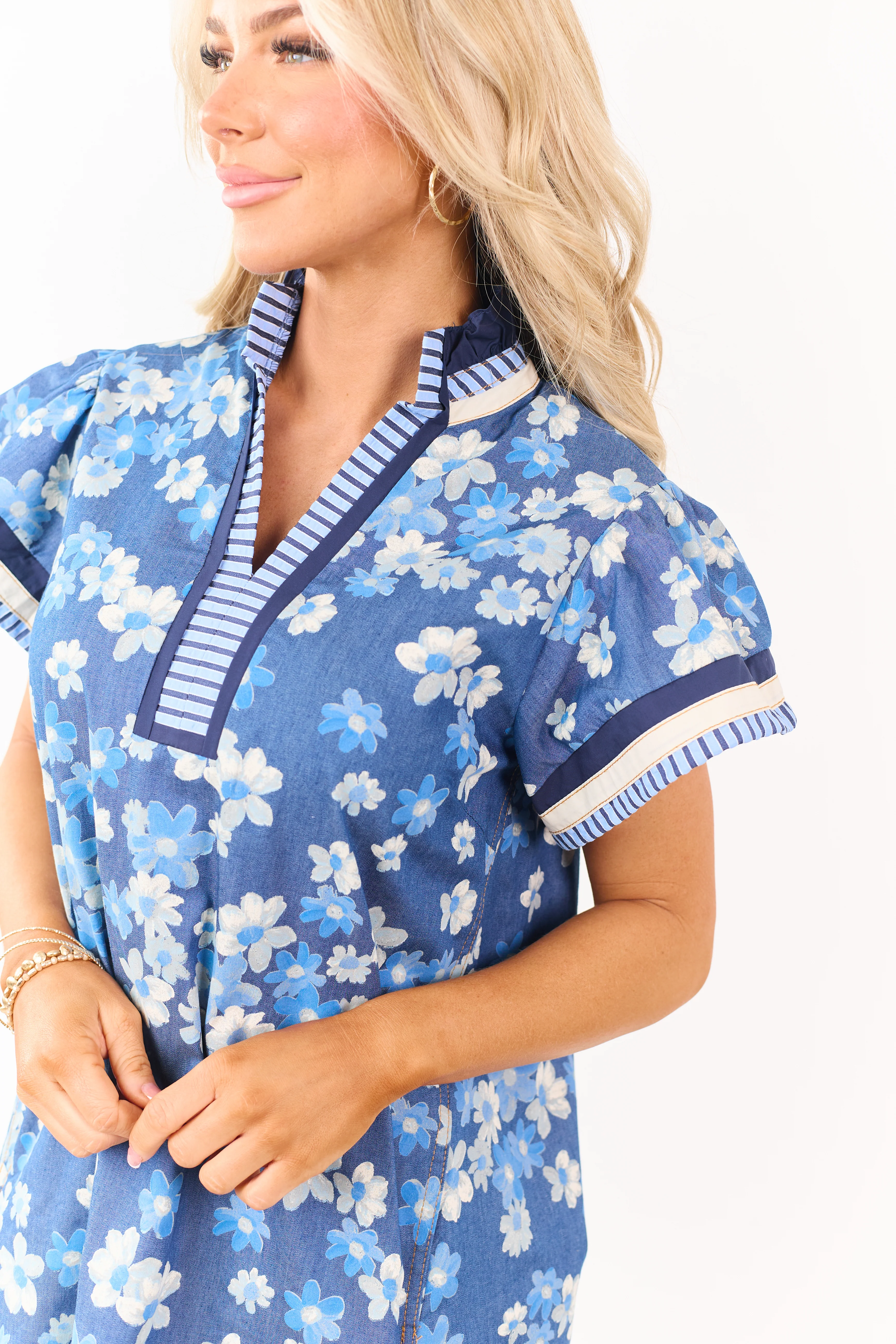 Medium Wash Chambray Floral Print Mini Dress - Image 6