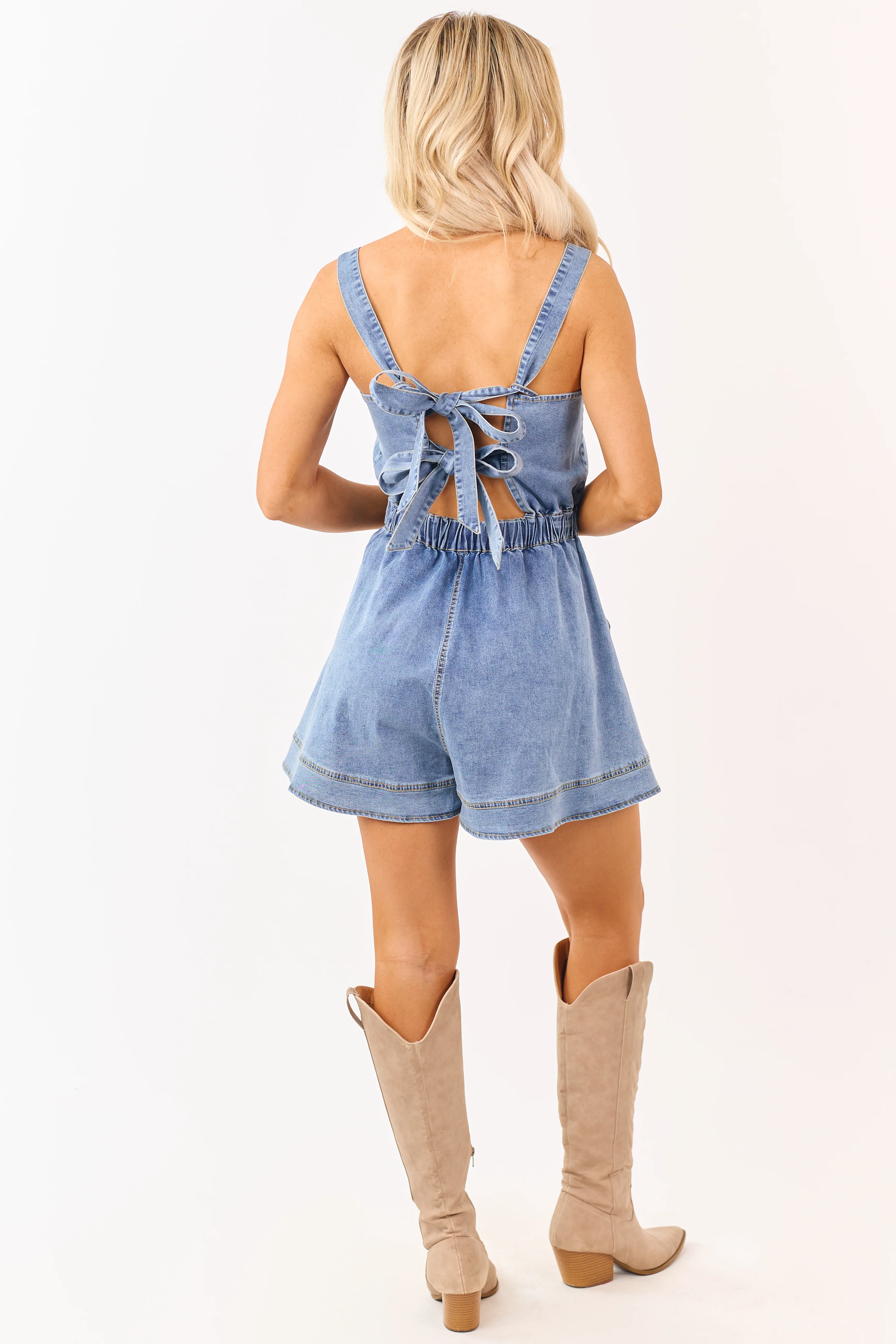 Medium Wash Denim Back Tie Overalls Style Romper - Image 7