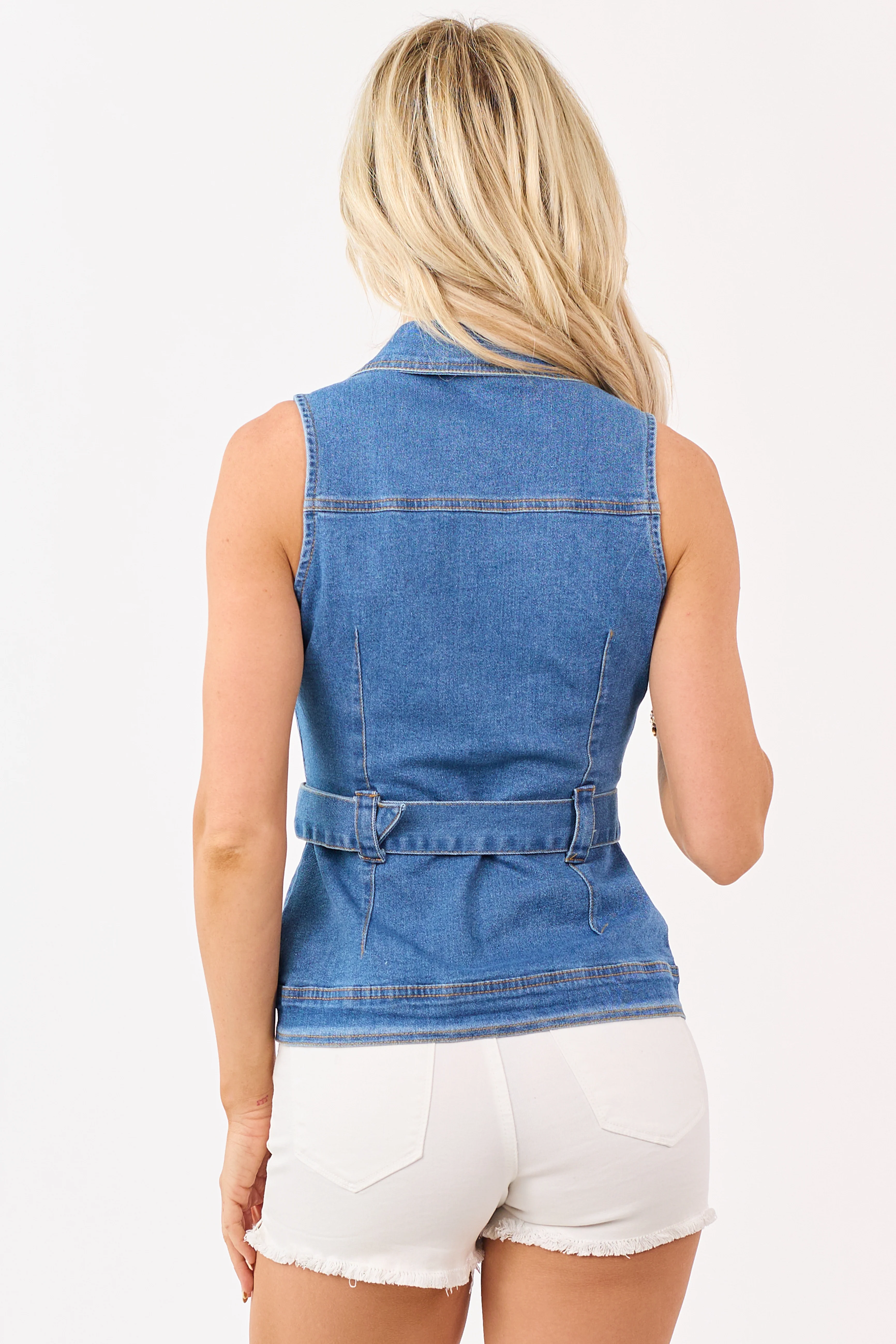 Medium Wash Denim Button Down Belted Tank Top - Image 5