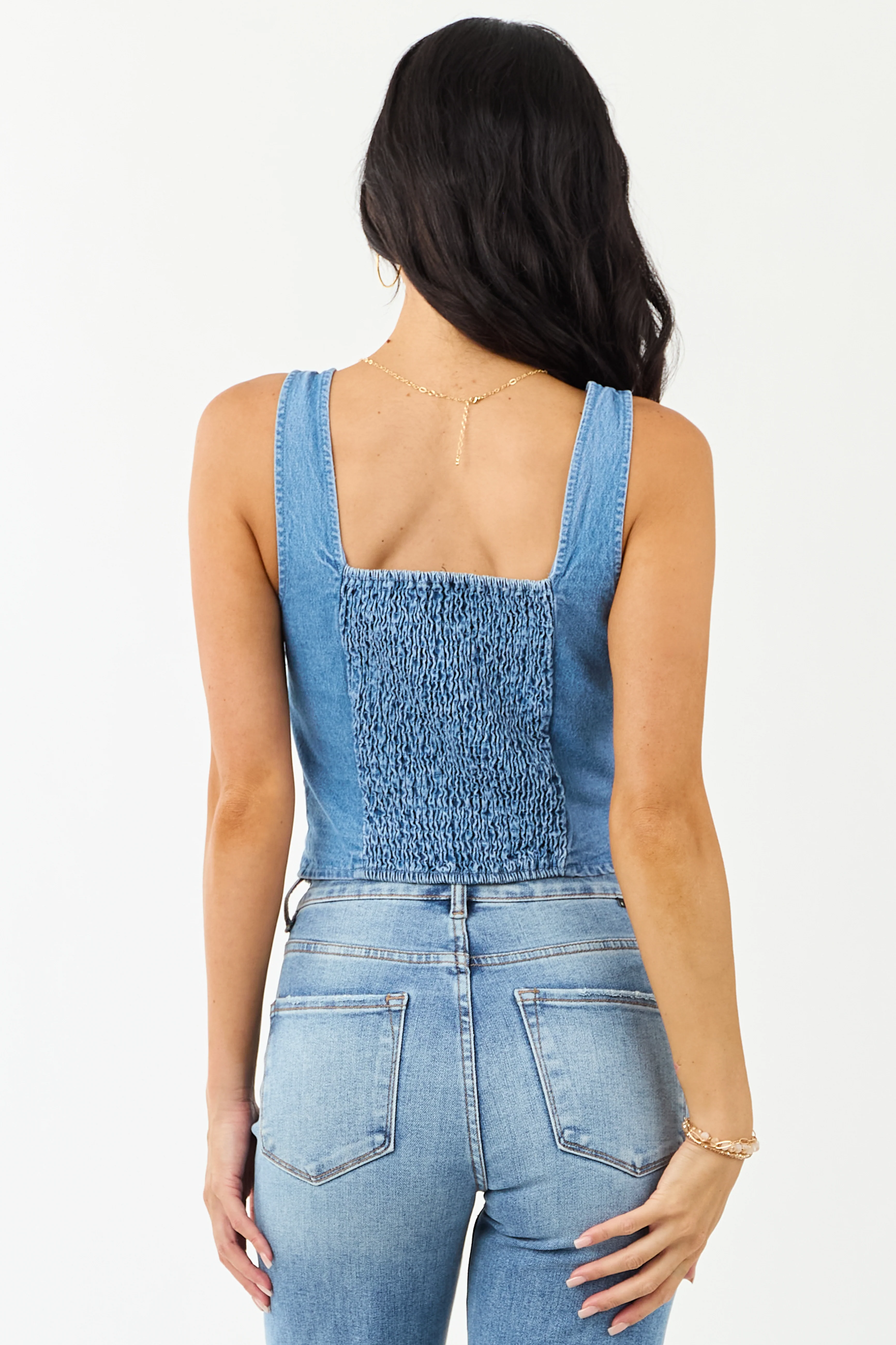 Medium Wash Denim Cropped Smocked Tank Top - Image 7