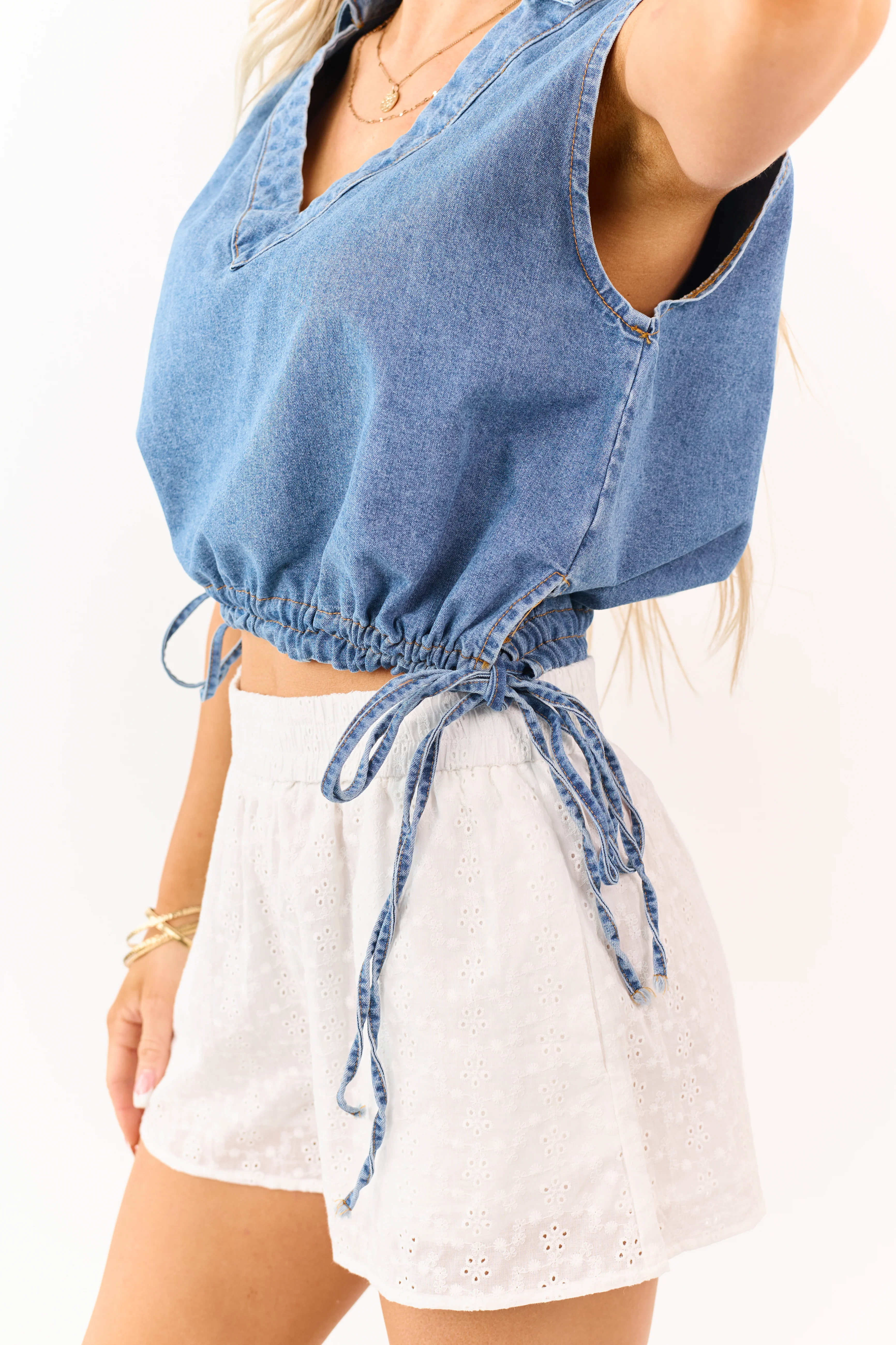 Medium Wash Denim Drawstring Waist Tank Top - Image 7