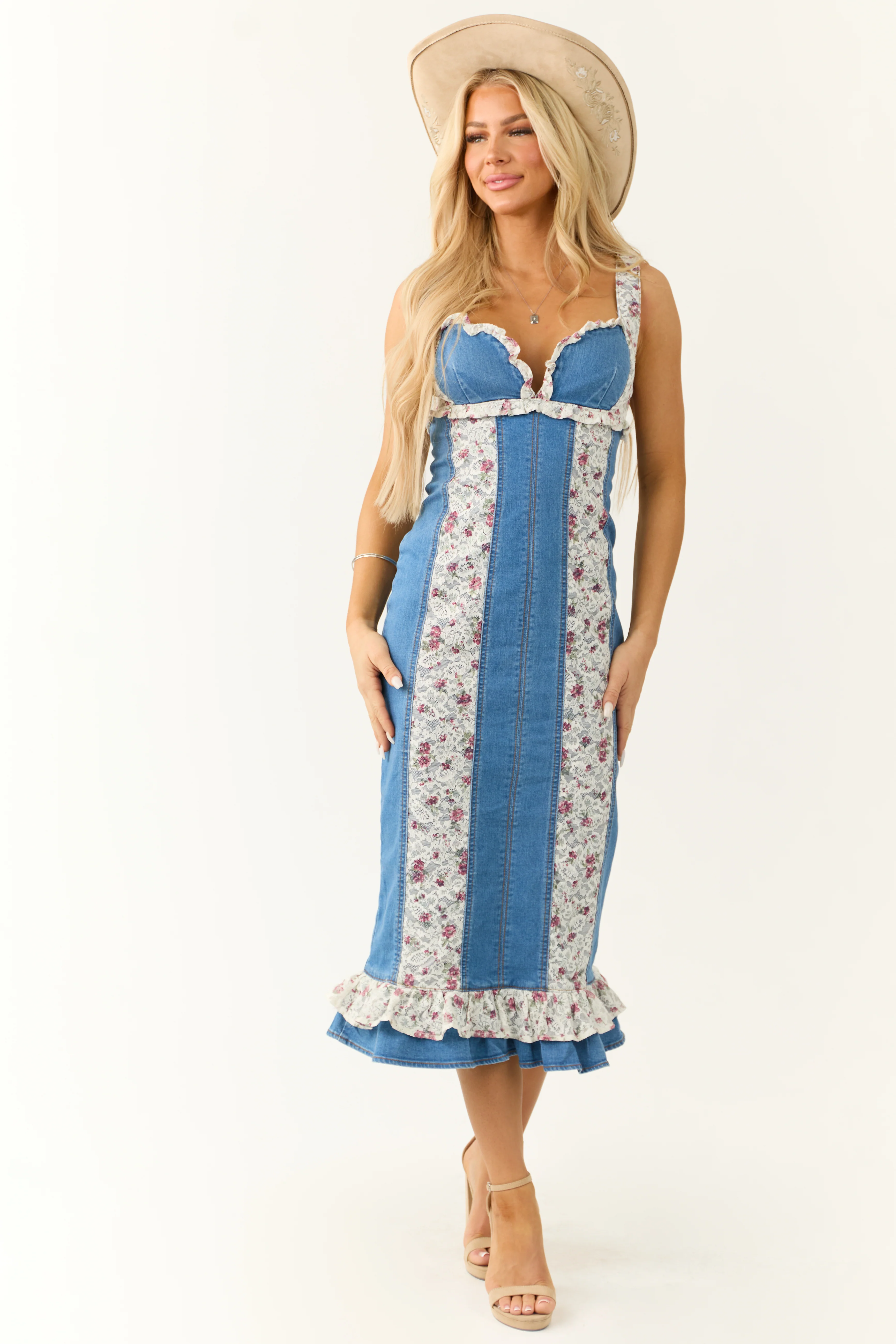 Medium Wash Denim Lace Ruffle Sweetheart Midi Dress - Image 3