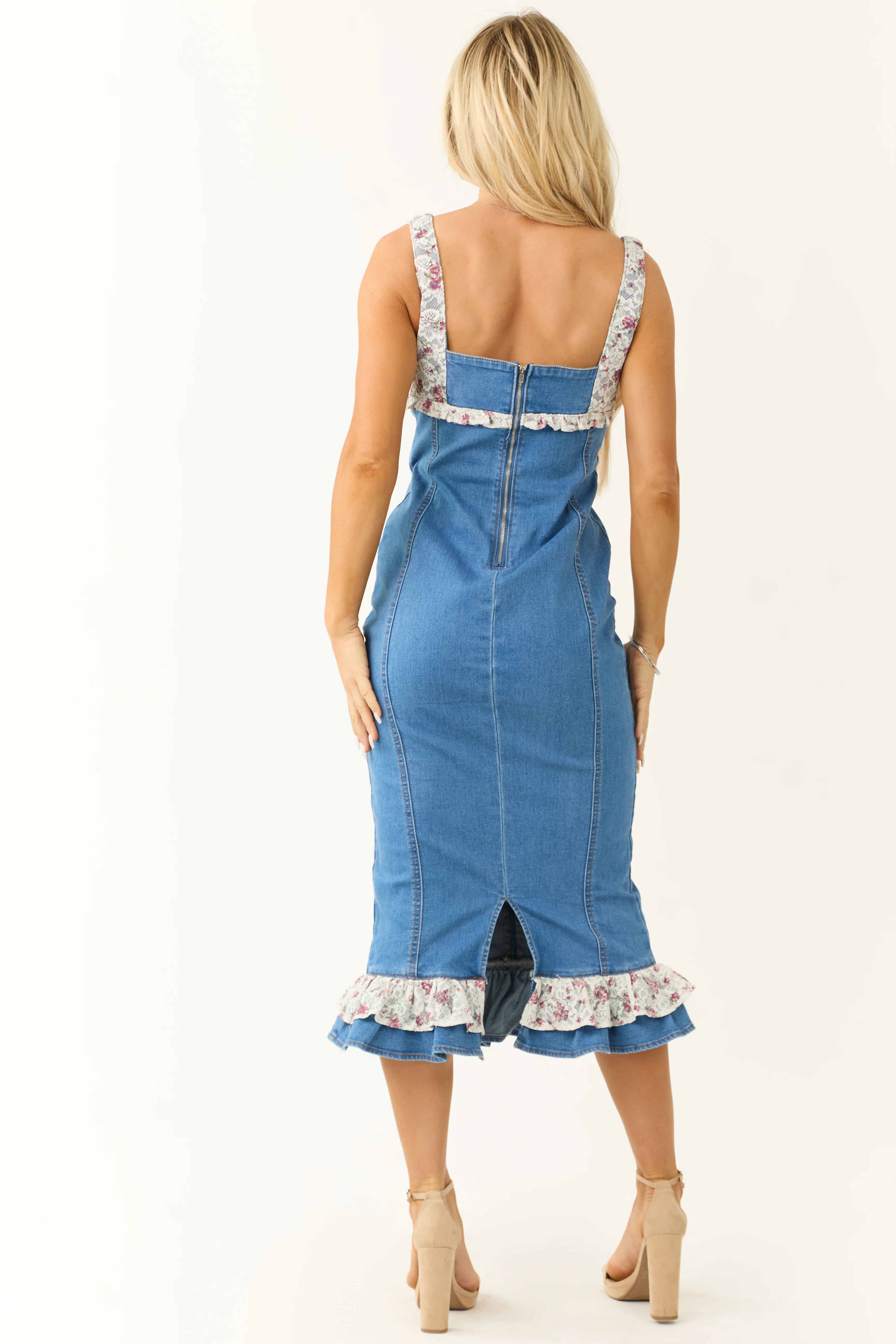 Medium Wash Denim Lace Ruffle Sweetheart Midi Dress - Image 5