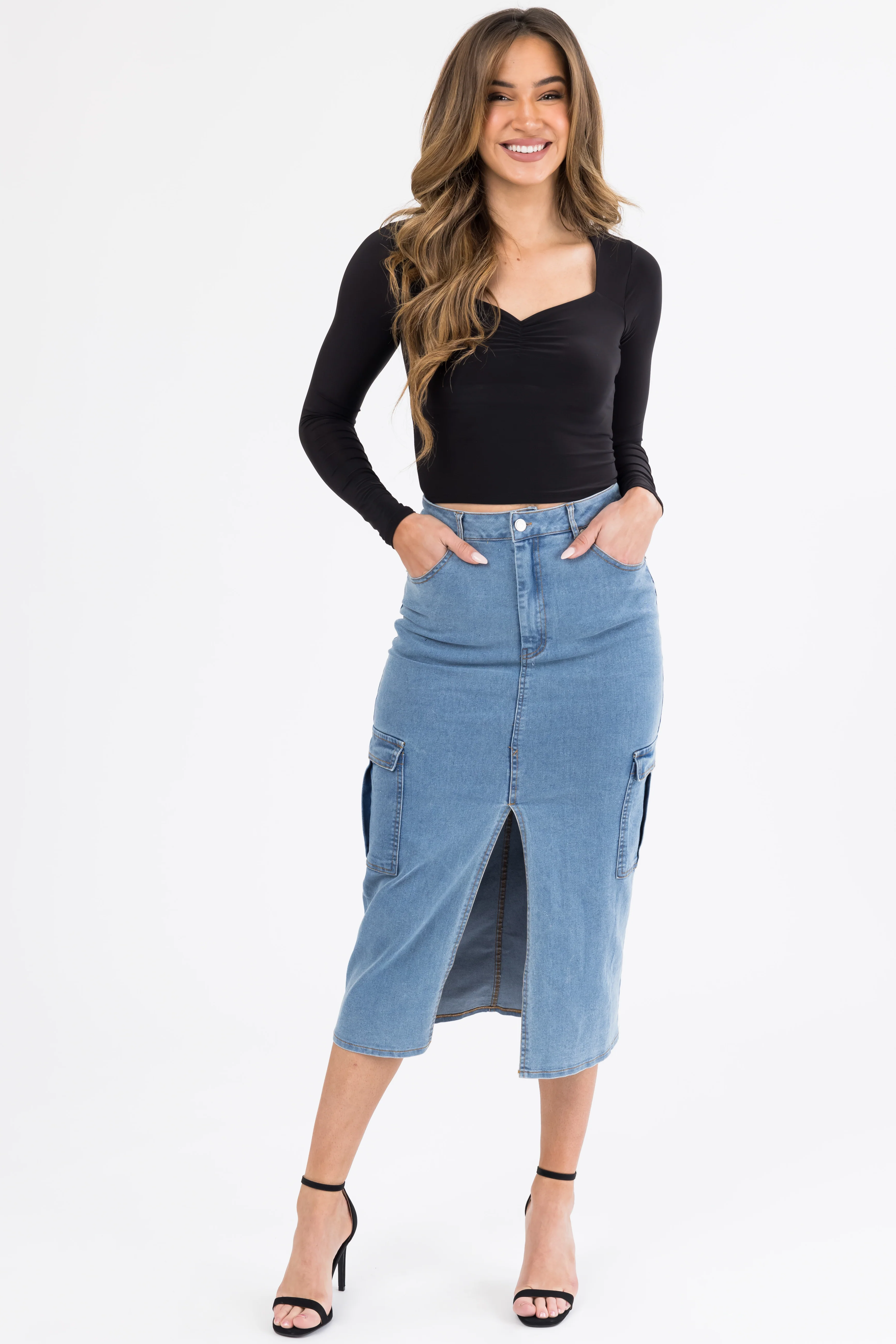 Medium Wash Denim Midi Skirt with Slit - Image 6