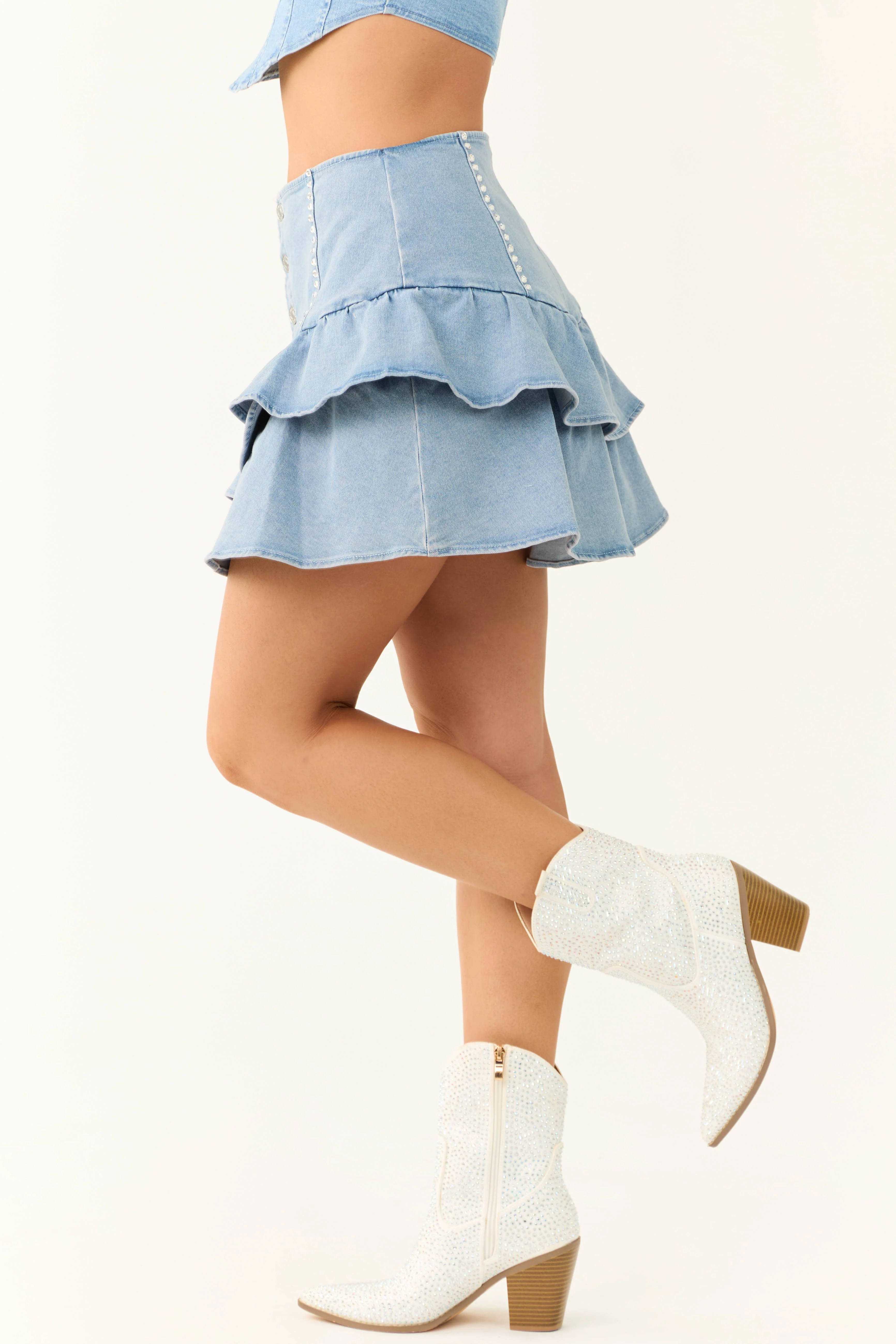Medium Wash Denim Ruffle Mini Skirt - Image 4