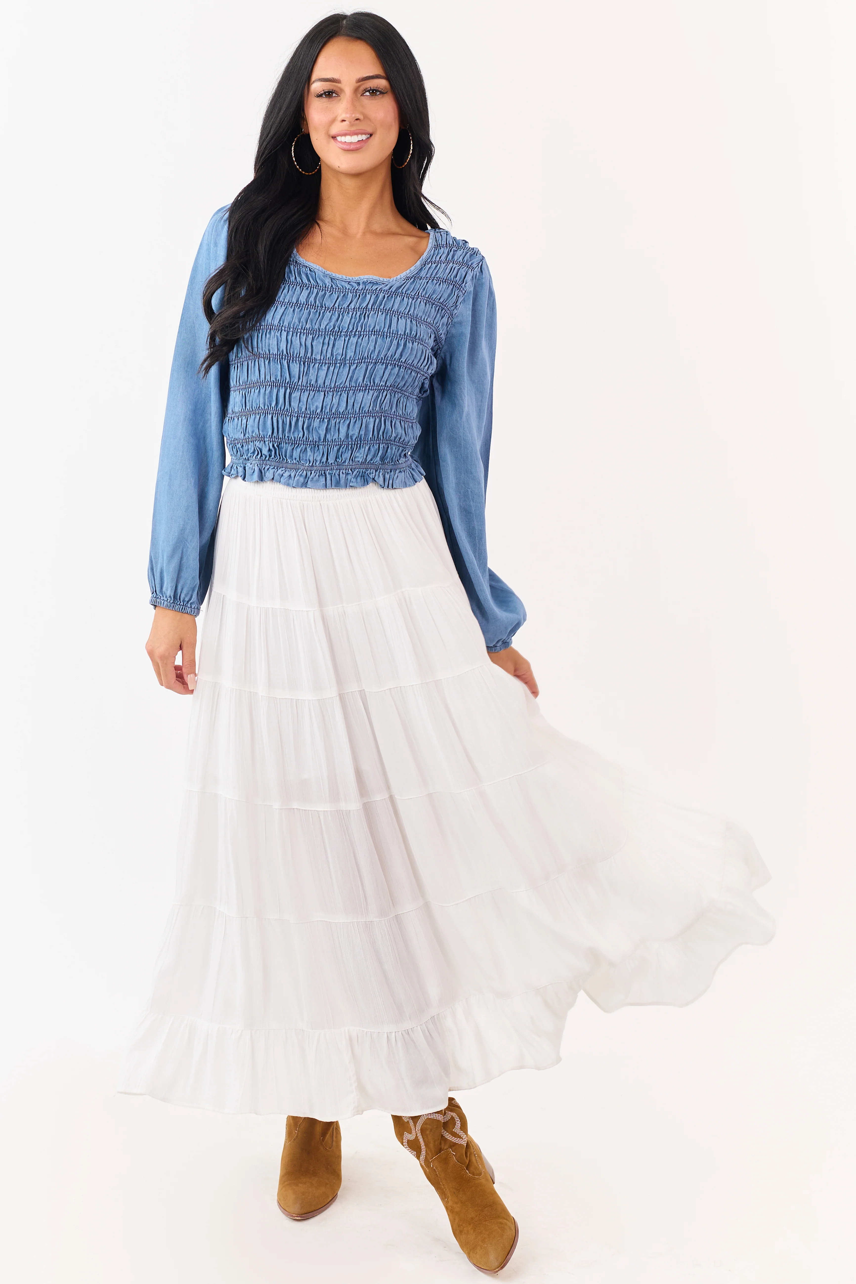Medium Wash Denim Smocked Long Sleeve Blouse - Image 2
