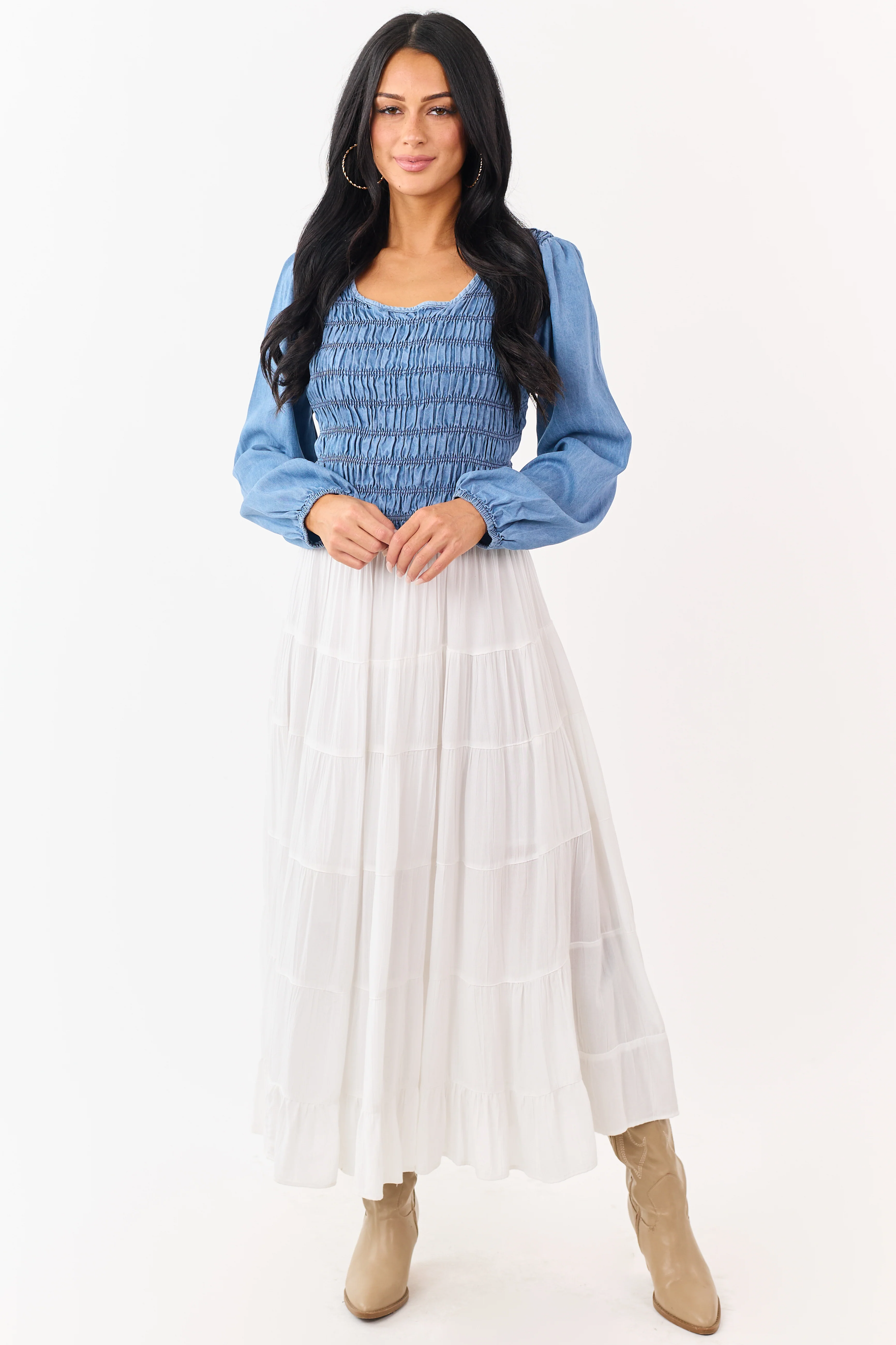 Medium Wash Denim Smocked Long Sleeve Blouse - Image 3